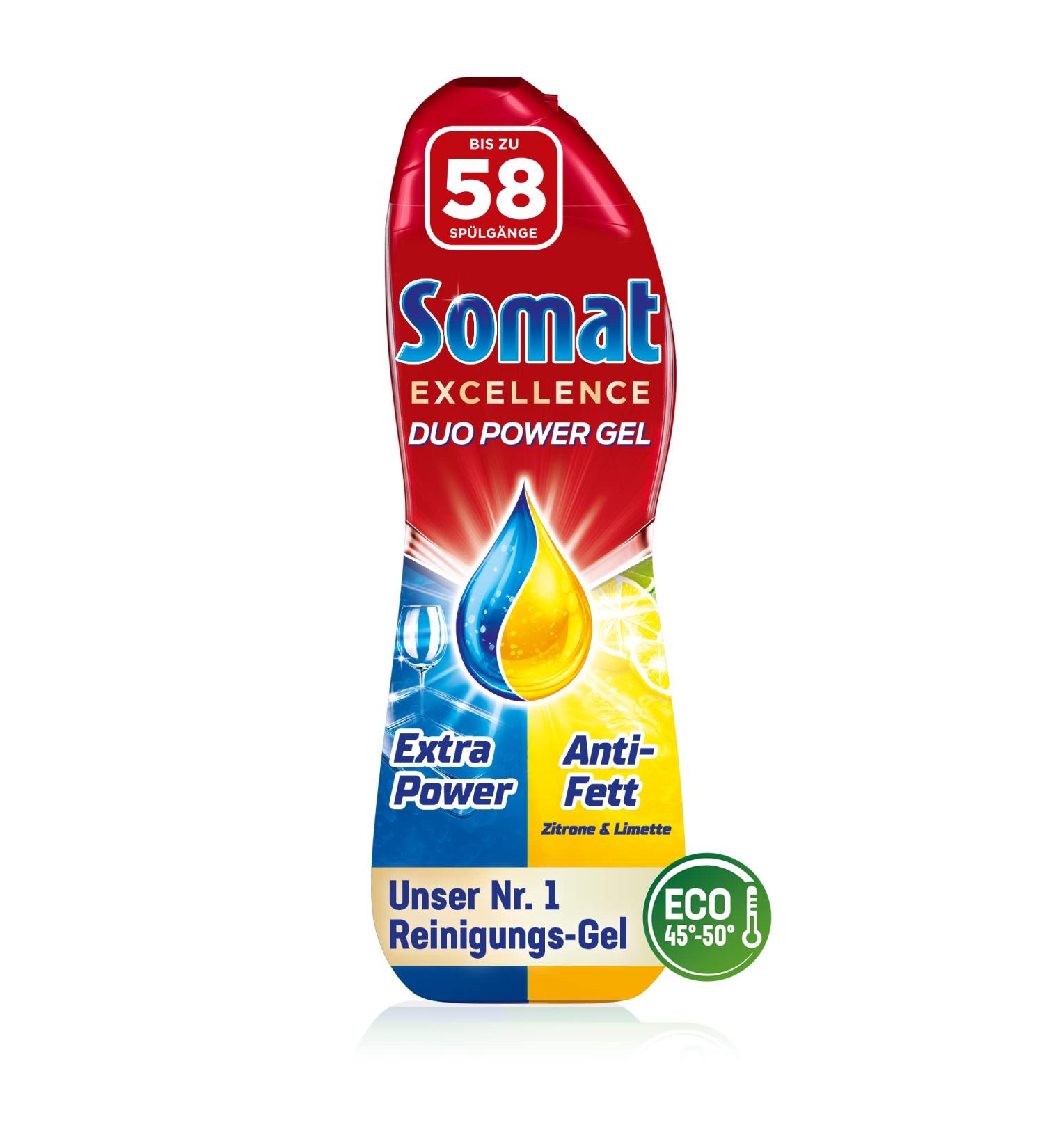 SOMAT Excellence Duo Power Gel - 58 Washes | Eco-Friendly Dishwasher Cleaning with Lemon & Lime | Sparkling Clean Dishes at Low Temperatures - Buy Online on GoSupps.com