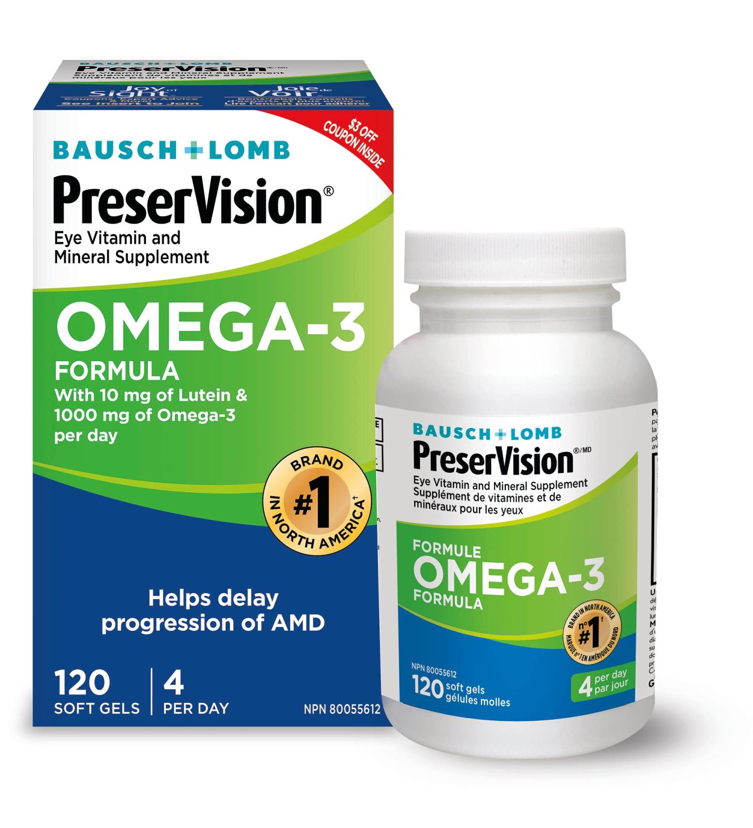 PreserVision Omega-3 Eye Vitamin & Mineral Supplement Contains Omega-3 Lutein Vitamin C Zeaxanthin Zinc & Vitamin E 120 Softgels - Buy Online on GoSupps.com