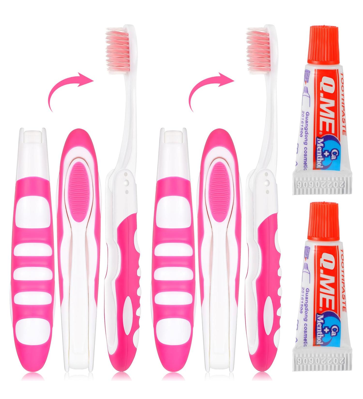 Nuen Portable Soft Toothbrush Set - 2 Foldable Travel Toothbrushes with Toothpaste for Camping - Mini Soft Bristle Toothbrush in Pink - Buy Online on GoSupps.com
