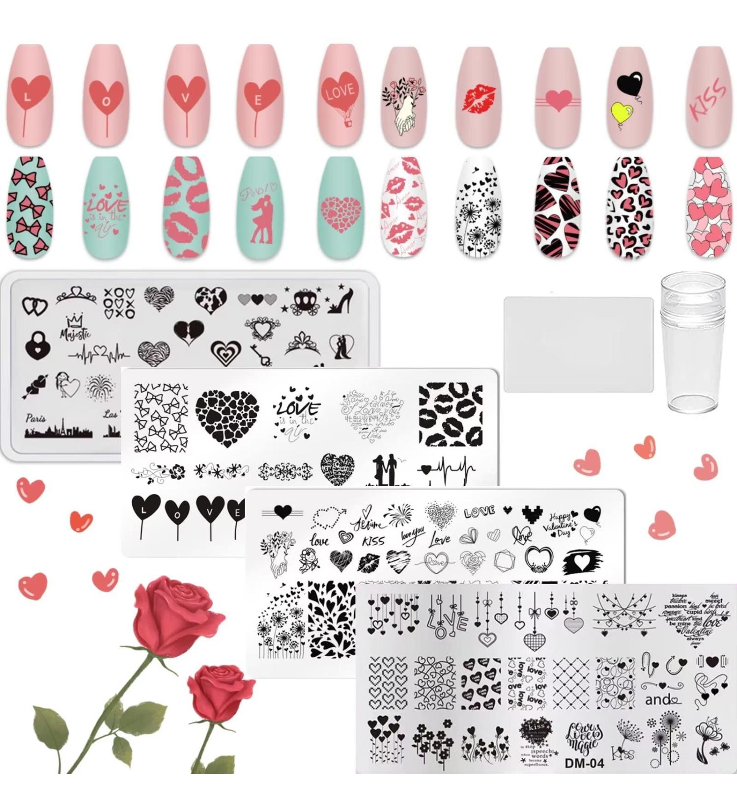 RUNRAYAY 6Pcs Heart Nail Stamping Plates Set with Nail Stamper & Scraper Valentine's Day Theme Nail Art Stamping Plates Love Lips Plaid Stamp Templates Kit Nail Image Manicuring DIY Printing Tools C + Tools - Buy Online on GoSupps.com