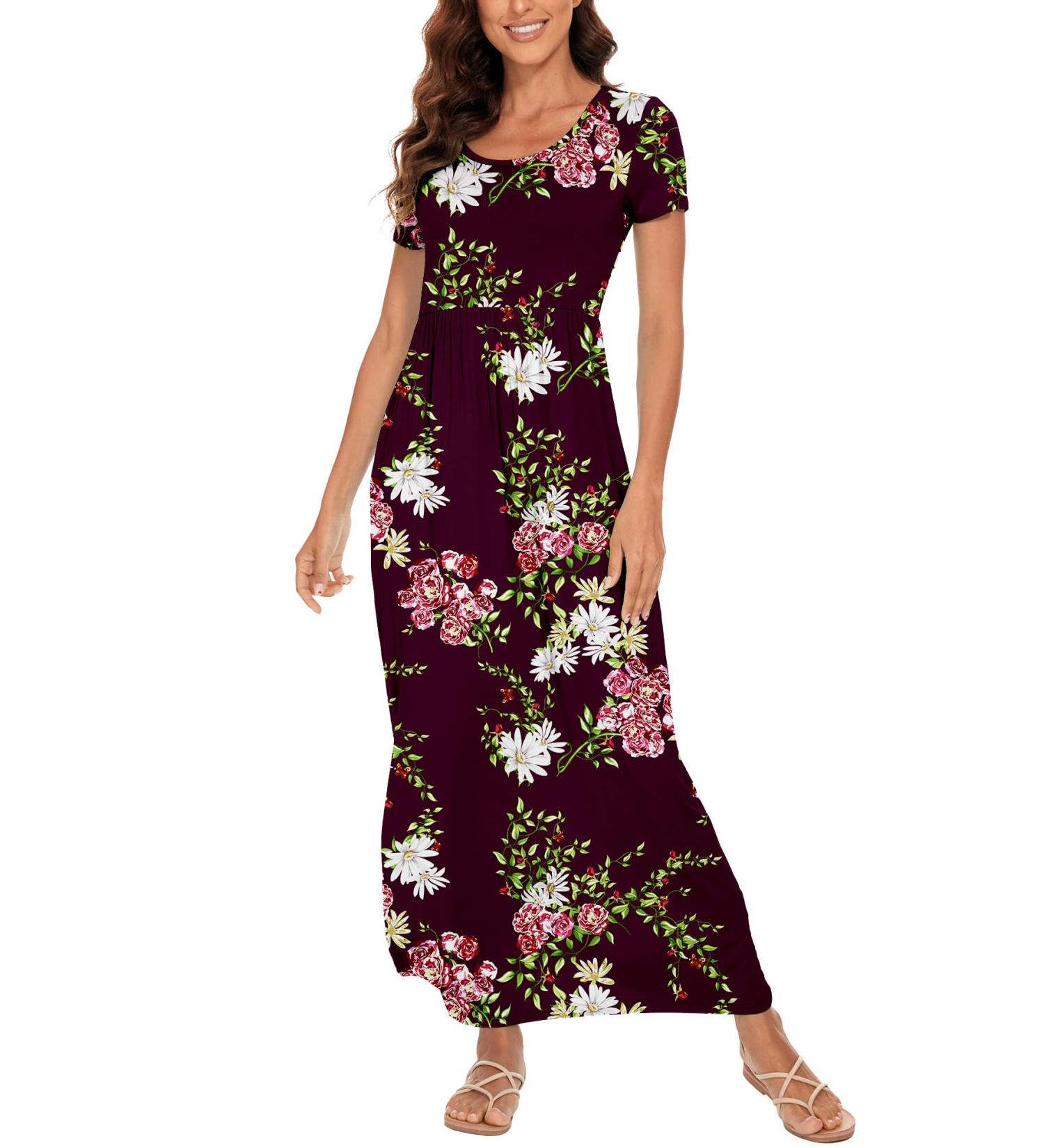 YUNDAI Women's Floral Maternity Maxi Dress with Pocket - Short Sleeve, Plus Size (M, B10) - Summer Casual Loose Long Dress in Wine Red - Buy Online on GoSupps.com