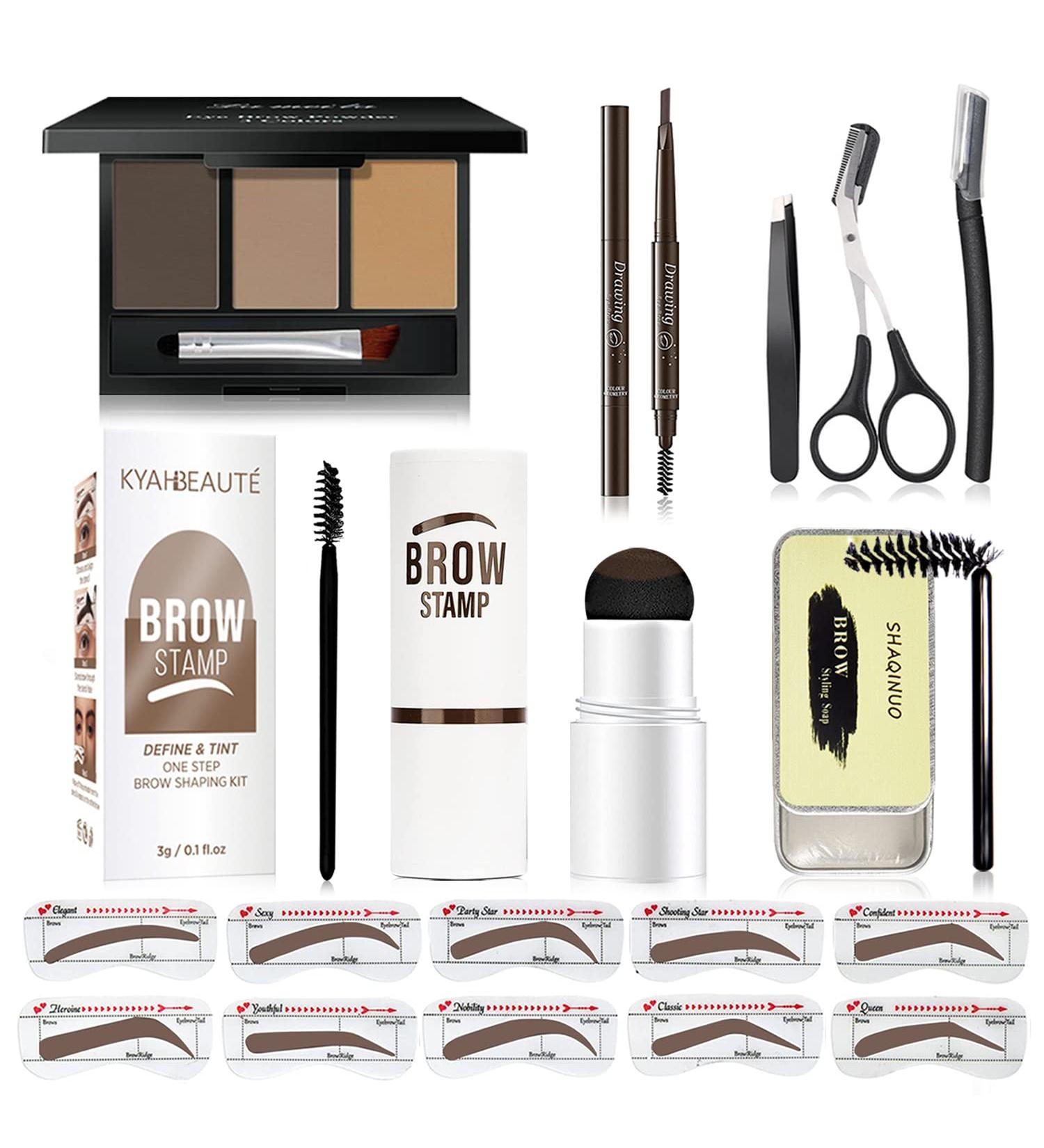 Eyebrow Stamp Stencil Kit - Long Lasting Waterproof Makeup Set for Women - Medium Brown Eyebrow Powder, Pencil, Soap, Razor, 3 in 1 Kit - Buy Online on GoSupps.com