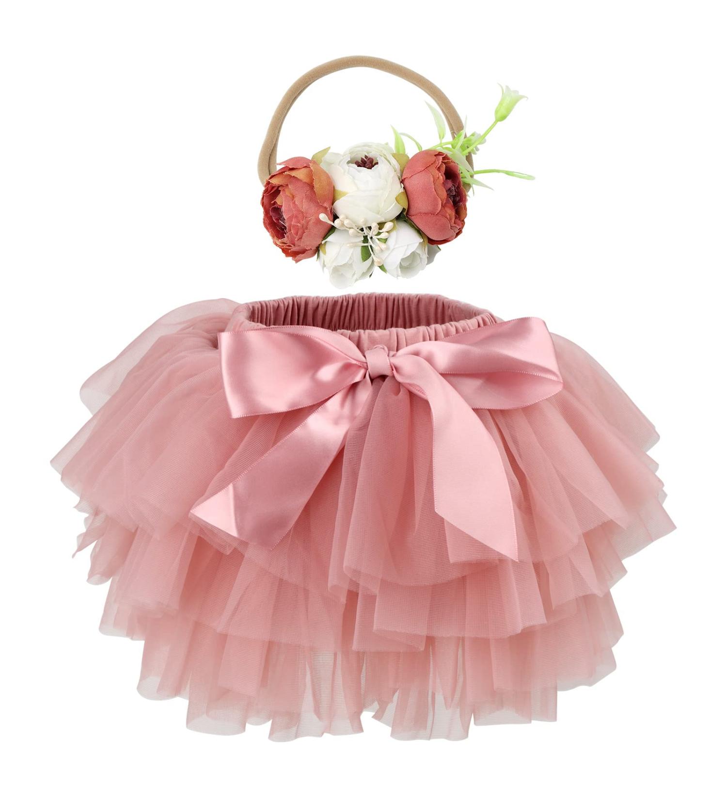 Hoolchean Baby Girls Soft Tutu Skirt & Flower Headband Set + Diaper Cover 6-12 Months - Dusty Pink - Buy Online on GoSupps.com