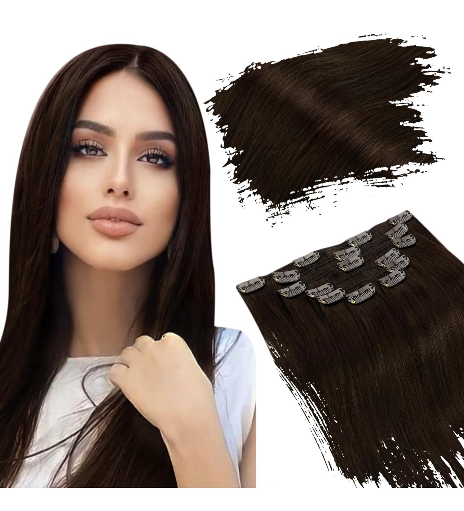 Ugeat Clip-In Brown Hair Extensions | 45cm Remy Real Hair 120g 7 Pieces - Thick & Luxurious #2 - Buy Online on GoSupps.com