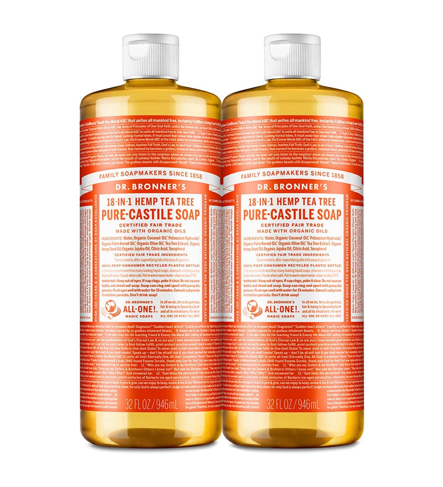 Dr. Bronner's Tea Tree Pure-Castile Liquid Soap 32oz 2-Pack - Organic Oils, 18-in-1 Uses for Acne-Prone Skin, Dandruff, Pets, Dishes - Concentrated Vegan Formula - 32 Fl Oz (Pack of 2) - Buy Online on GoSupps.com