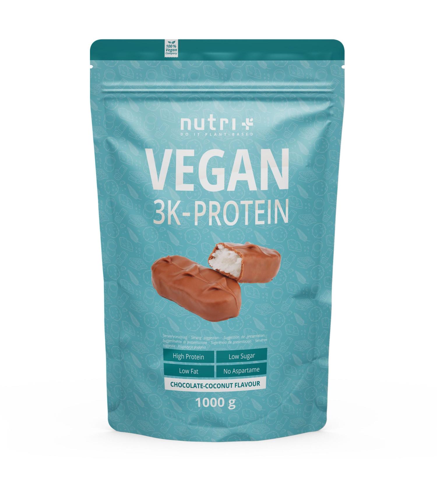 Nutri+ Vegan Protein Powder - Chocolate Coconut 1kg | Lactose-Free 3K Protein Shake | High-Quality Protein Complex - Buy Online on GoSupps.com