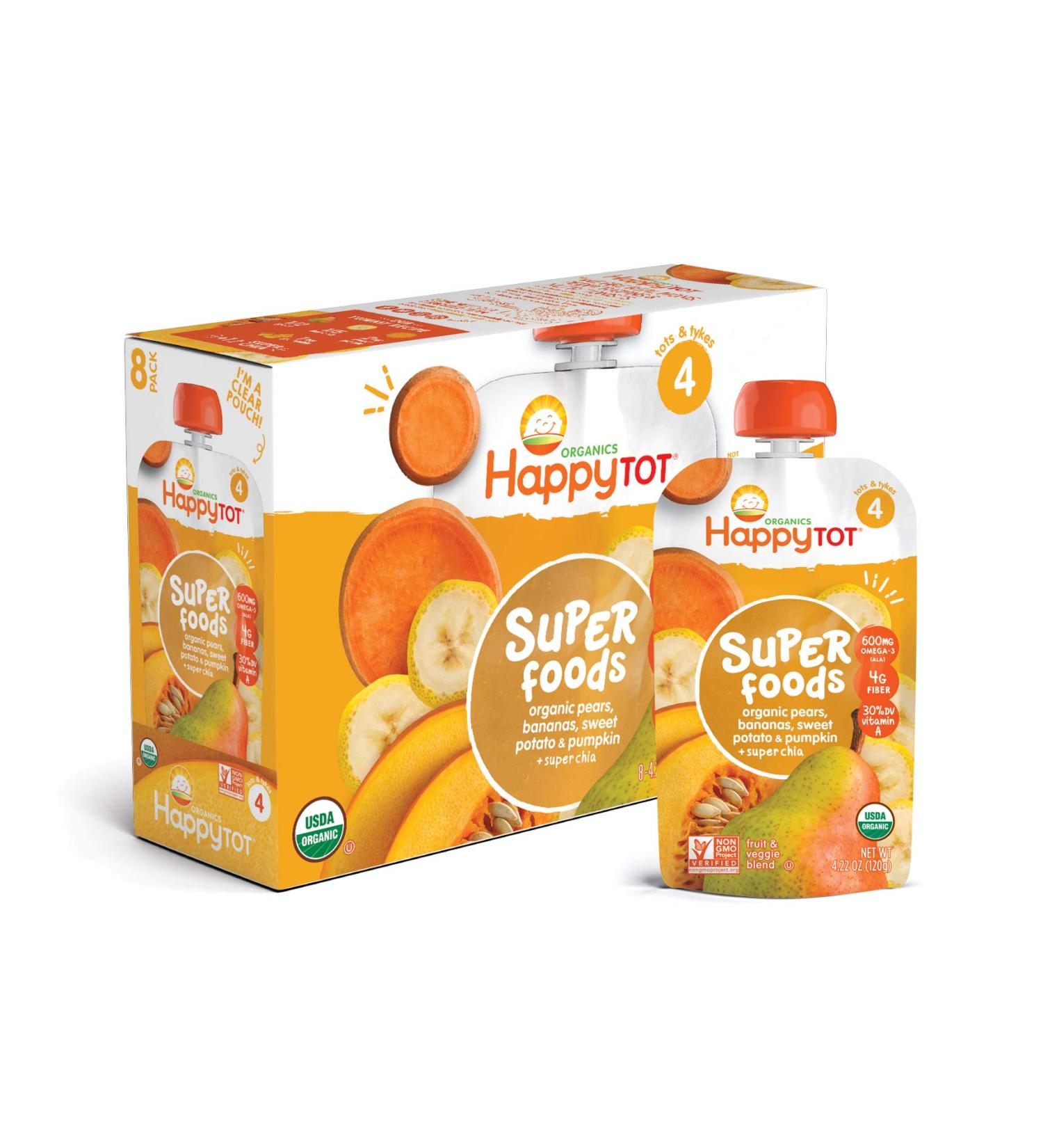 HAPPYTOT Organics Super Foods Stage 4 Pears Bananas Sweet Potatoes Pumpkin + Chia 4.22oz Pouch (Pack of 16) - Buy Online on GoSupps.com