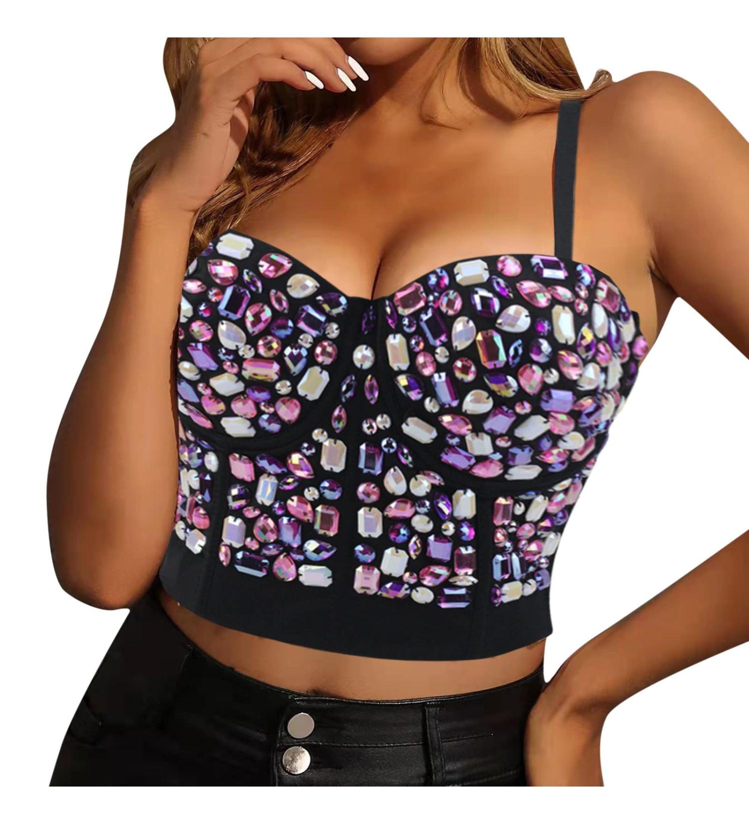Buy Corset Top for Women - Sexy Glitter Bustier Crop Top with Spaghetti Straps | Push Up & Sparkle Slim Vest for Parties & Raves - Shop Now! - Buy Online on GoSupps.com