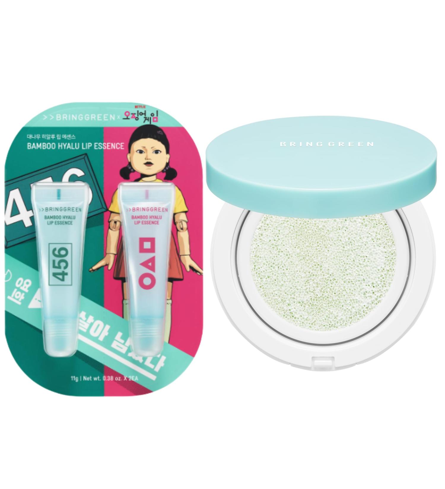 BRING GREEN Tea Tree CICA Sun Cushion + Squid Game Lip Essence Set | SPF 50+ Zinc Mineral Sunscreen & Hydrating Bamboo Lip Duo | Korean Skincare x Netflix Special Edition - Buy Online on GoSupps.com