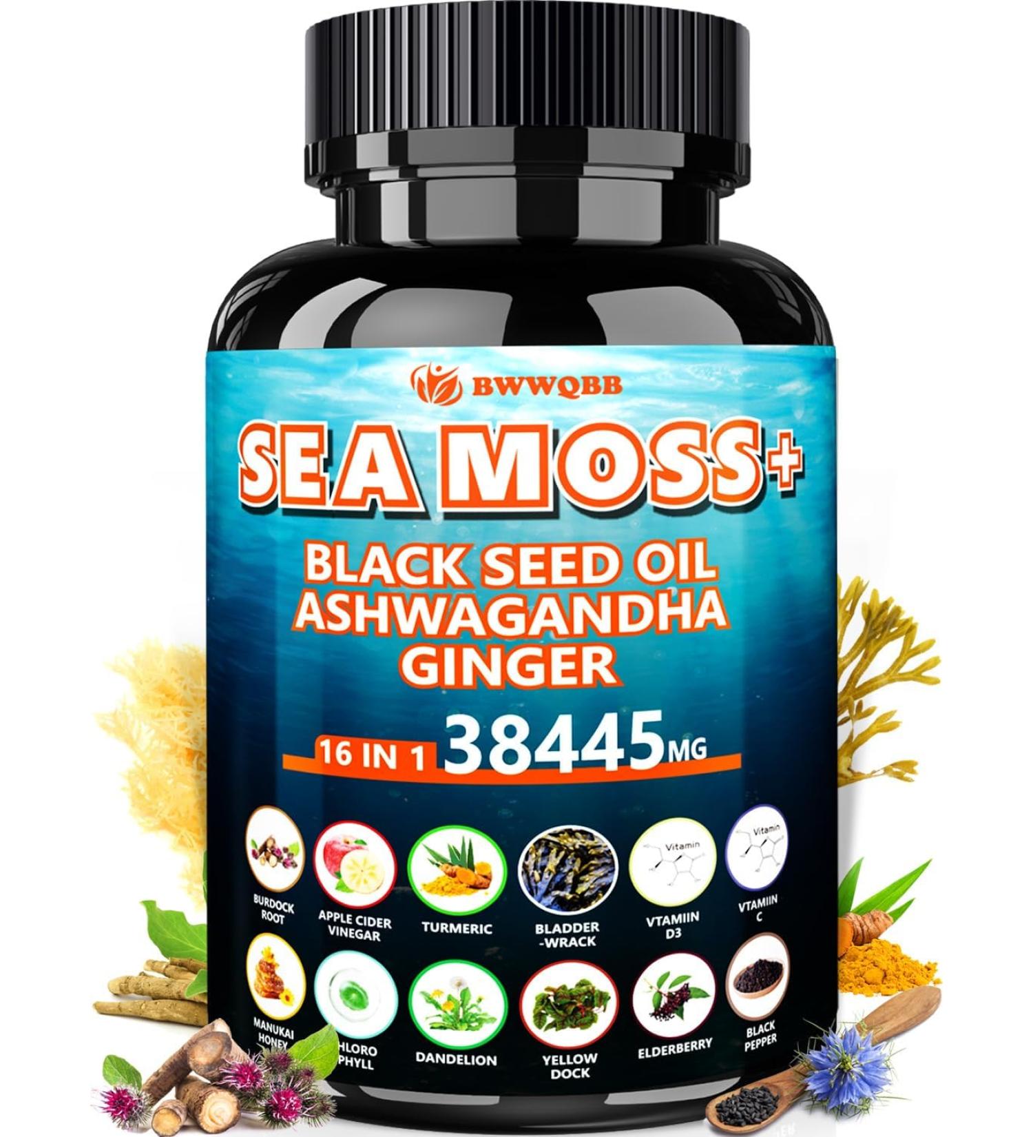 Ashwagandha Sea Moss Capsules with Black Seed Oil Ginger & Turmeric 16 in 1 Herbal Complex with Irish Sea Moss Apple Cider Vinegar Burdock Bladderwrack Vitamin C & D3 120 Capsules - Buy Online on GoSupps.com