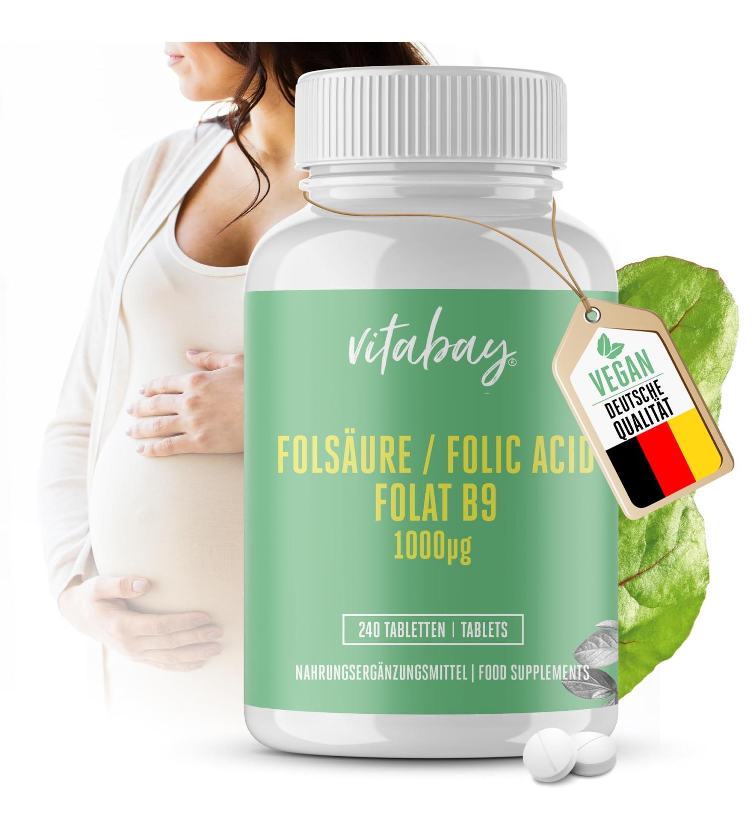 Buy Vitabay Folic Acid Tablets 1000 mcg - 240 Vegan B9 Vitamins for Pregnancy & Children - High Bioavailability & Lab Tested - Buy Online on GoSupps.com