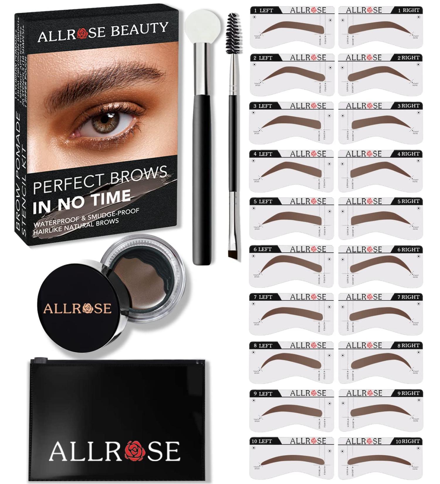 ALLROSE Eyebrow Stamp & Stencil Kit - Perfect Bushy Brows, 20 Stencils, Waterproof Brown Brow Trio - Buy Online on GoSupps.com