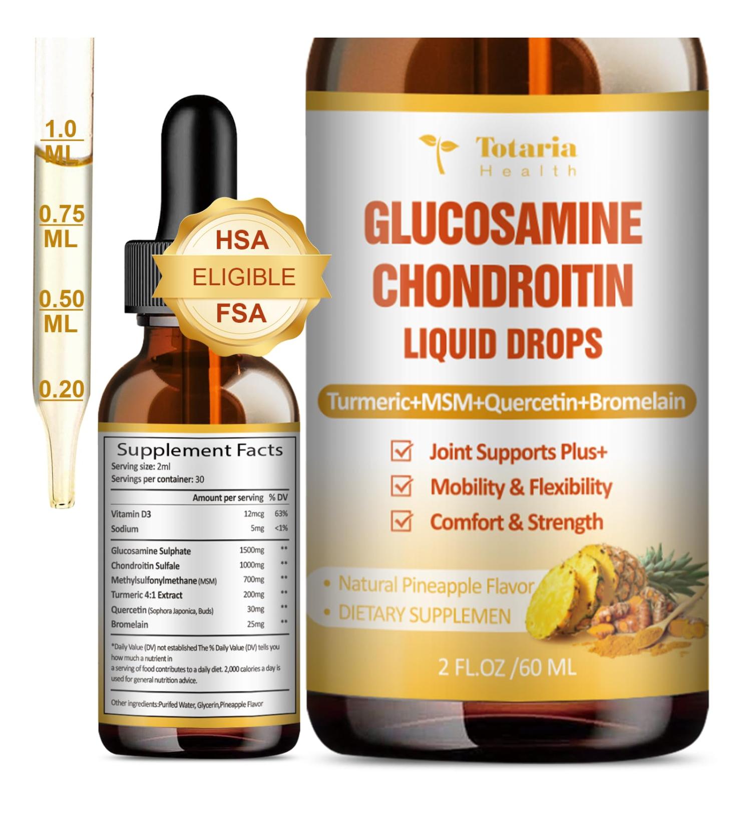 Glucosamine Chondroitin MSM Liquid Drops FSA-HSA - Joint Support Supplement for Mobility Flexibility & Bones Chondroitin Sulfate Supplement Turmeric Quercetin Bromelain MSM Oil 2 FL.OZ 2 Fl Oz (Pack of 1) - Buy Online on GoSupps.com