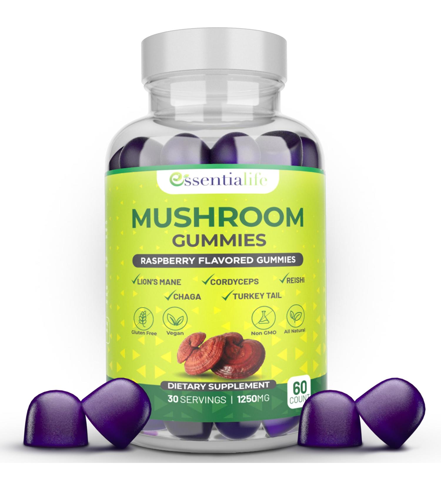 Essentialife Lions Mane Mushroom Supplements | 5-in-1 Mushroom Gummies with Turkey Tail Cordyceps Reishi Chaga Extract | Brain Focus and Immune Support | Raspberry Flavor | 60 ct - Buy Online on GoSupps.com