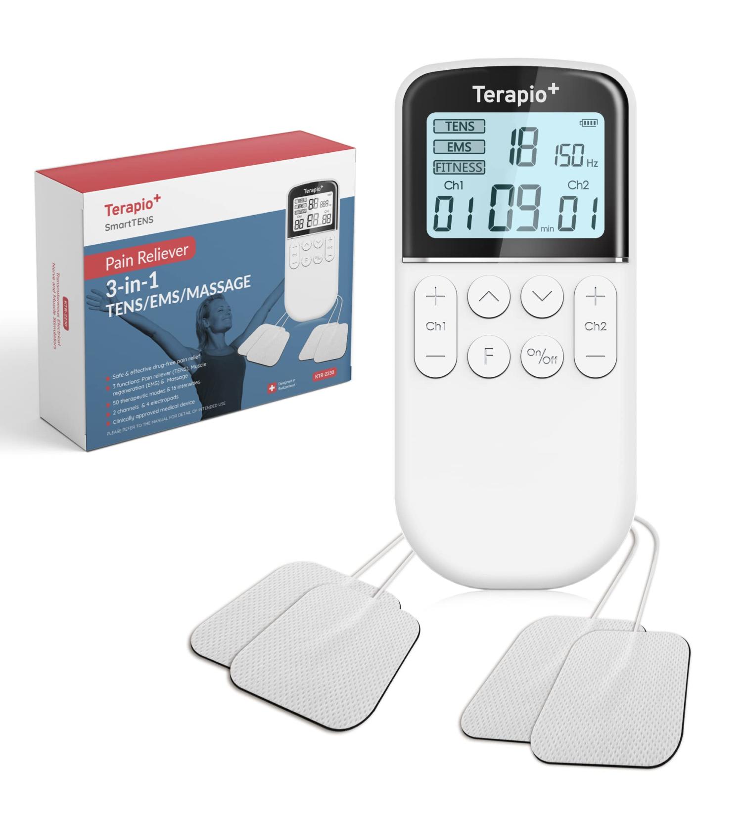 Buy Terapio Professional TENS Device for Pain Relief | 3-in-1 TENS EMS Muscle Stimulator & Massage | 50 Modes 2 Channels - International Shipping Available - Buy Online on GoSupps.com