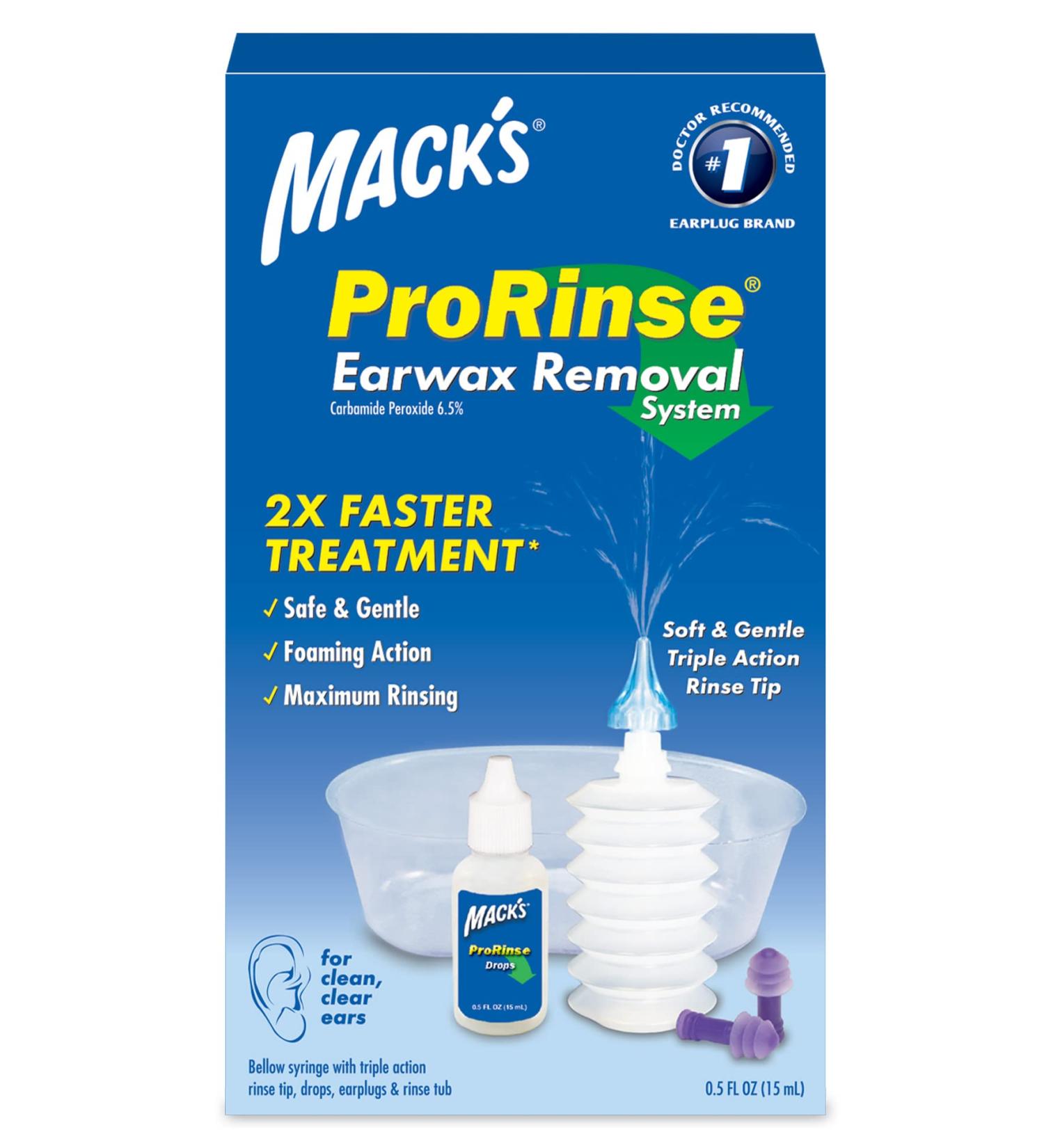 Mack's ProRinse Ear Wax Removal System - 0.5 FL OZ Ear Drops, Plugs, Wash Tub & Syringe - Buy Online on GoSupps.com