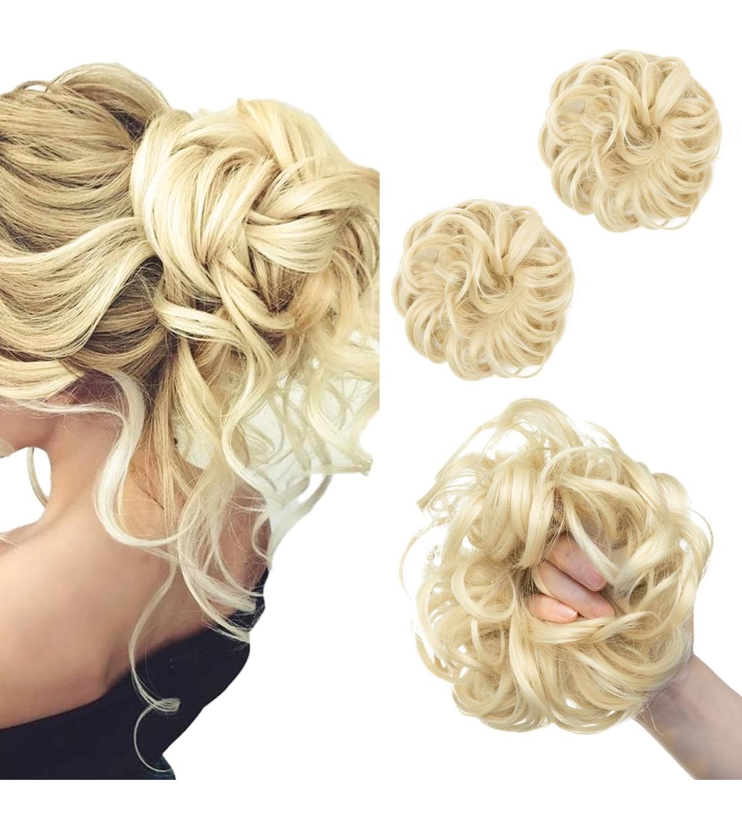 2PCS Beach Blonde Messy Bun Hair Scrunchies Ponytail Extension for Women Girls - Synthetic Wavy Curly Updo Hair Pieces in 613# Color - Buy Online on GoSupps.com