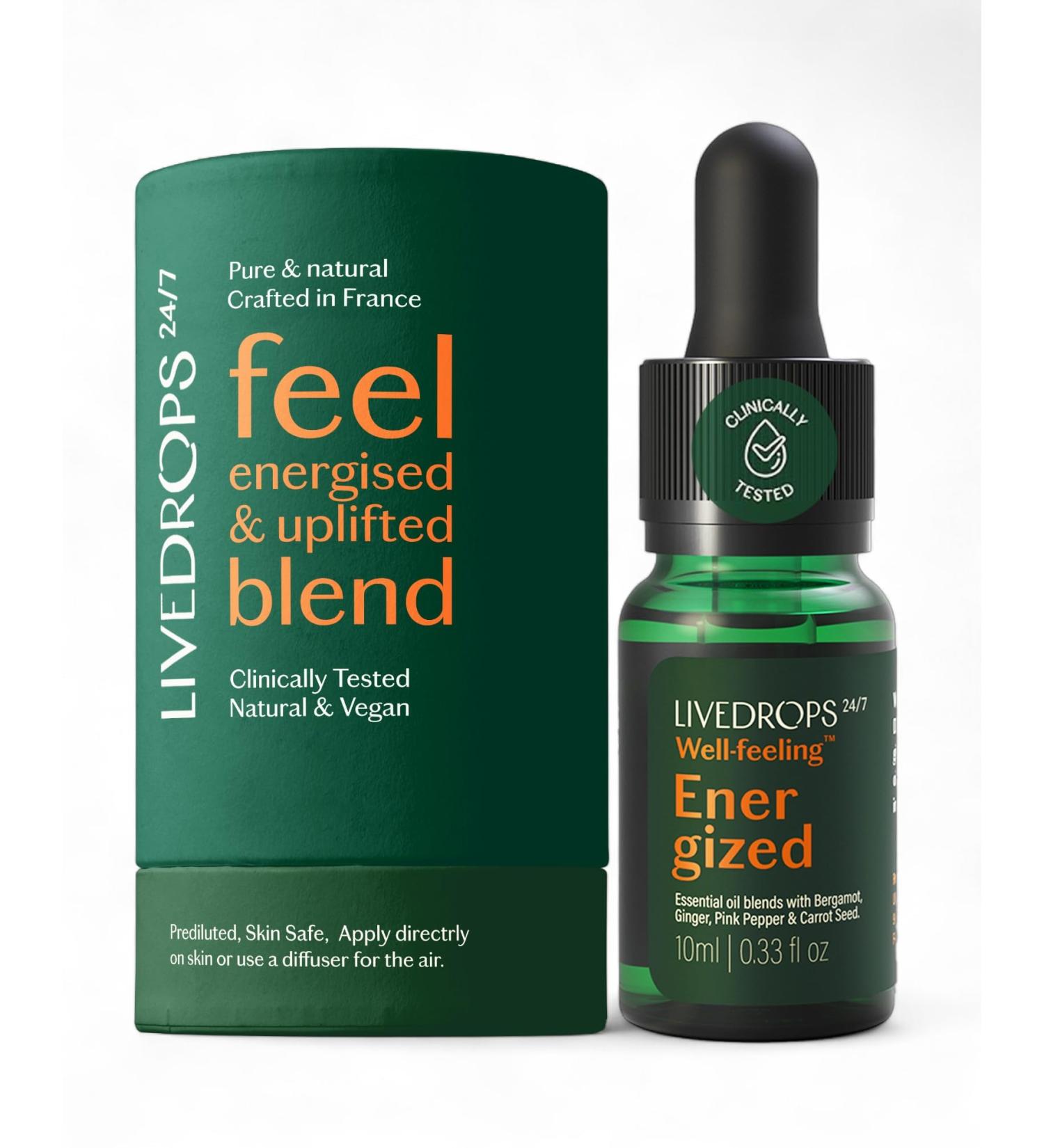 Livedrops 24/7 Energized Essential Oil Blend - Bergamot Ginger Pink Pepper - Natural Aromatherapy for Energy & Focus - Skin-Safe & Diffuser-Ready - Clinically Tested - Crafted in France - Buy Online on GoSupps.com