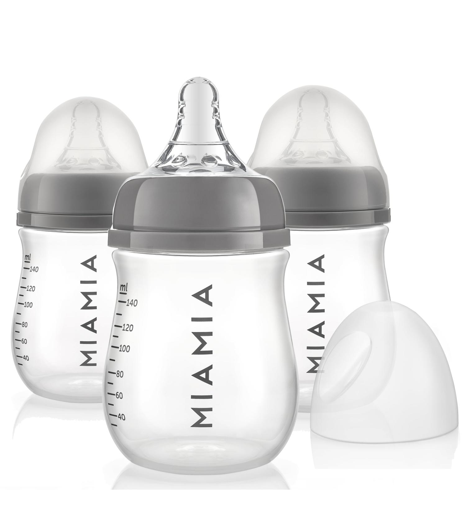 MiaMia 3x Baby Bottles with Anti-Colic Teat Size S - 140 ml Transparent Grey Silicone Teats - Safe & Durable PP Bottles for Happy Feeding - Buy Online on GoSupps.com