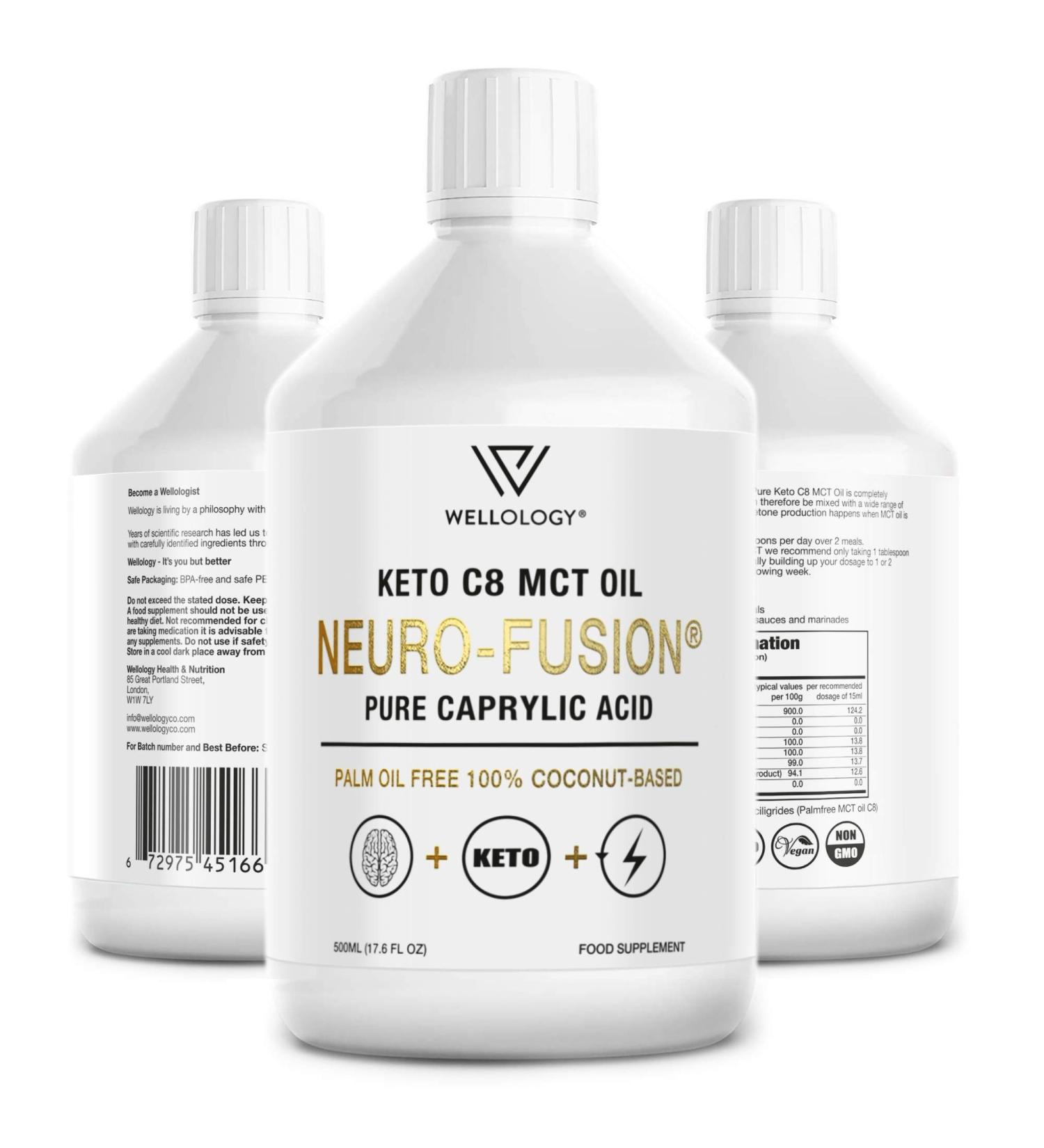 Keto C8 MCT Oil - Pure C8 Caprylic Acid not C10 - Make MCT Oil Ketogenic Bulletproof Coffee - Energy Boosting Ketones - Low Carb Keto Food - MCT Oil Vegan - 500ml by Wellology - Buy Online on GoSupps.com