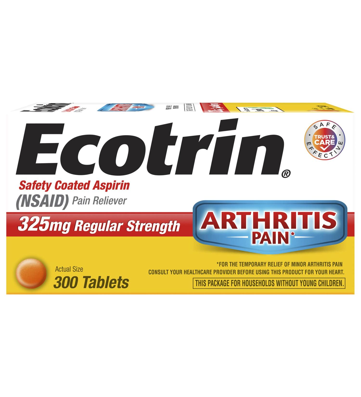 Ecotrin Regular Strength Aspirin 325mg for Arthritis Pain Relief - 300 Safety Coated Tablets - Buy Online on GoSupps.com