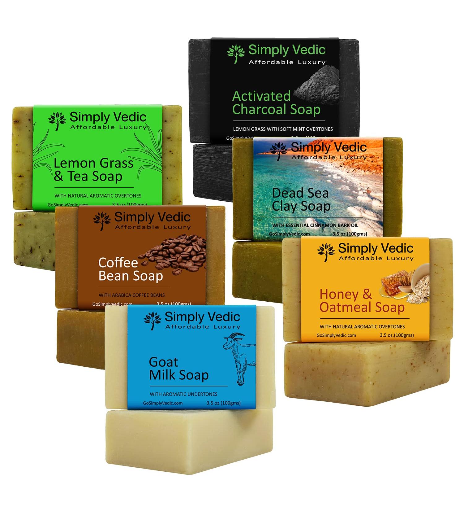 Simply Vedic 6-Pack Soap Bar Collection: Tea+Lemon Grass, Spiced Coffee, Goat Milk, Charcoal, Dead Sea Clay, Oatmeal Honey - Handmade Cold Pressed Bars for Body, Hand & Face - 3.5 Oz. X 6 - Buy Online on GoSupps.com