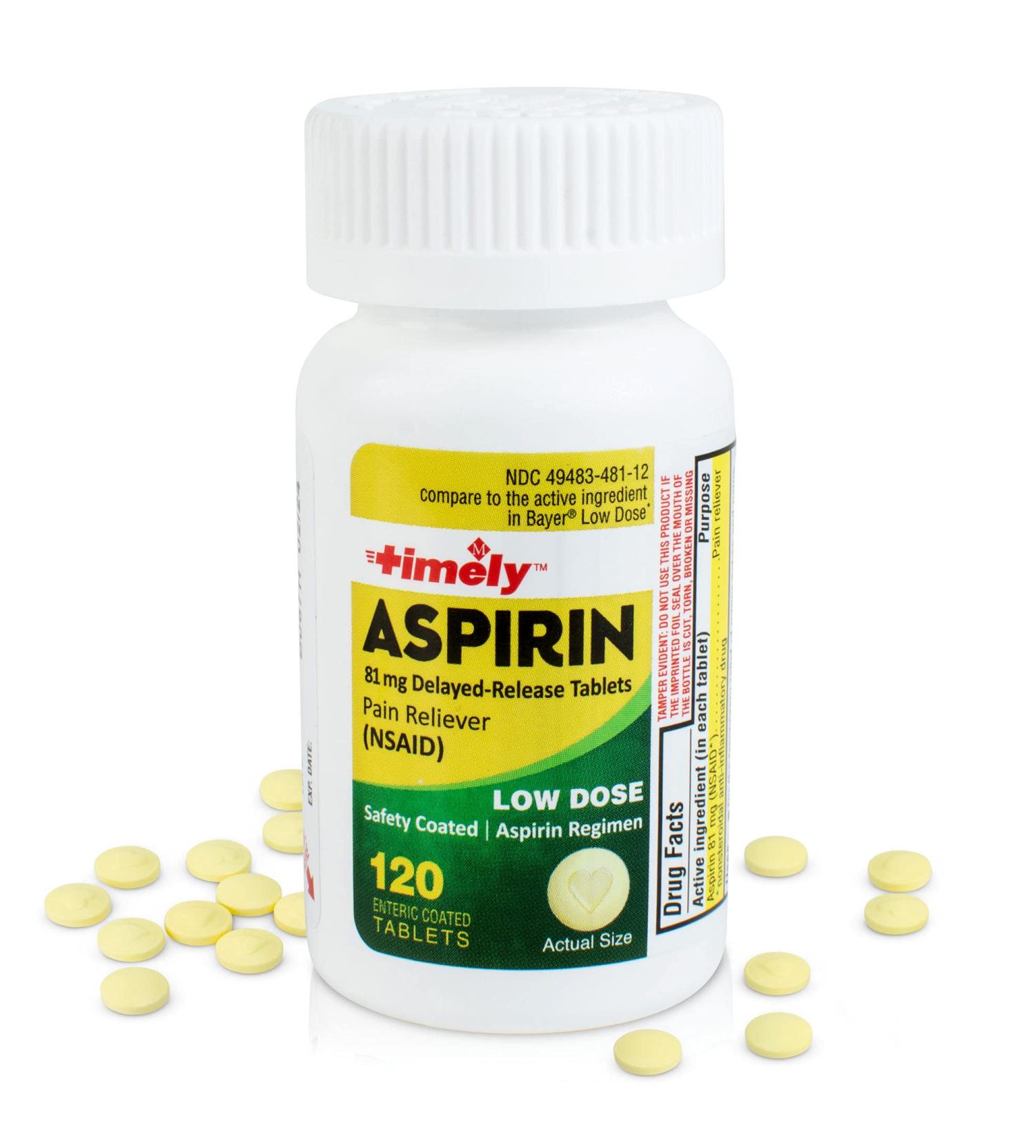 Timely by Time Cap Labs 81mg Aspirin 120 Count - Enteric Coated Pain Reliever for Adults - Made in USA - Buy Online on GoSupps.com