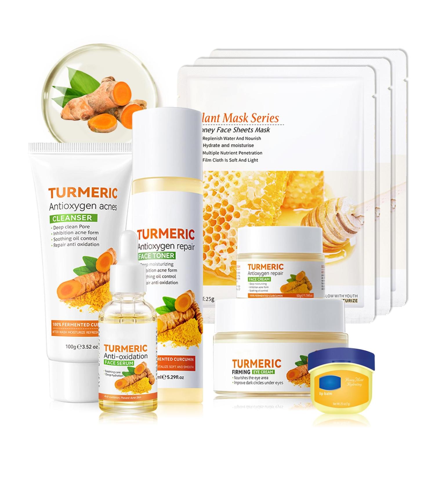 9 Pcs Turmeric Skin Care Set with Facial Cleanser Toner Face Serum Face Cream Eye Cream Moisturizing Lip Balm Hydrating Face Sheet Masks Skin Care Kit for Women and Men - Buy Online on GoSupps.com