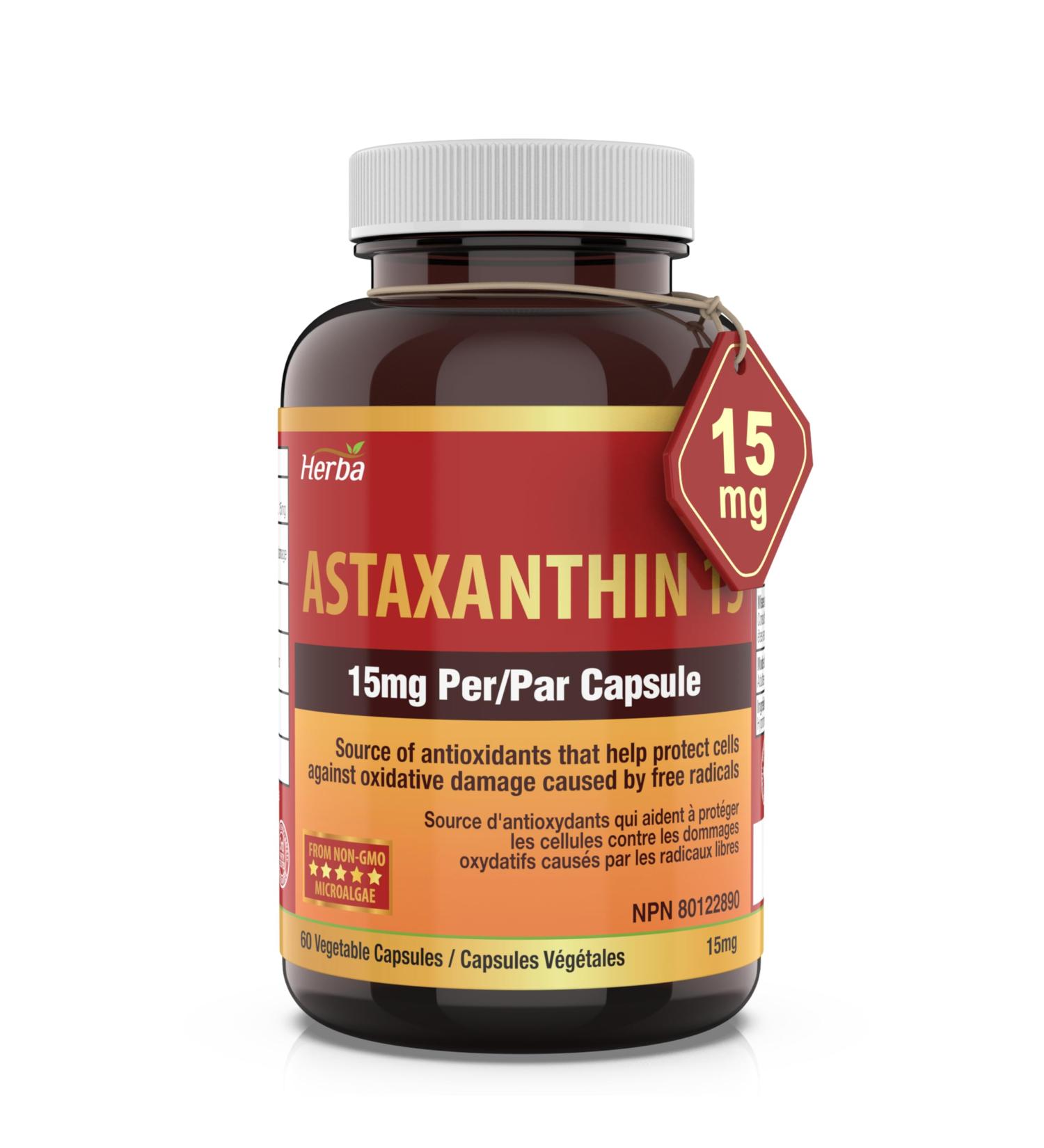Herba Astaxanthin Supplement 15mg 60 Vegetable Capsules | Made with Non-GMO Micro-algae | Source of Antioxidant | Made and Third Party Tested in Canada - Buy Online on GoSupps.com