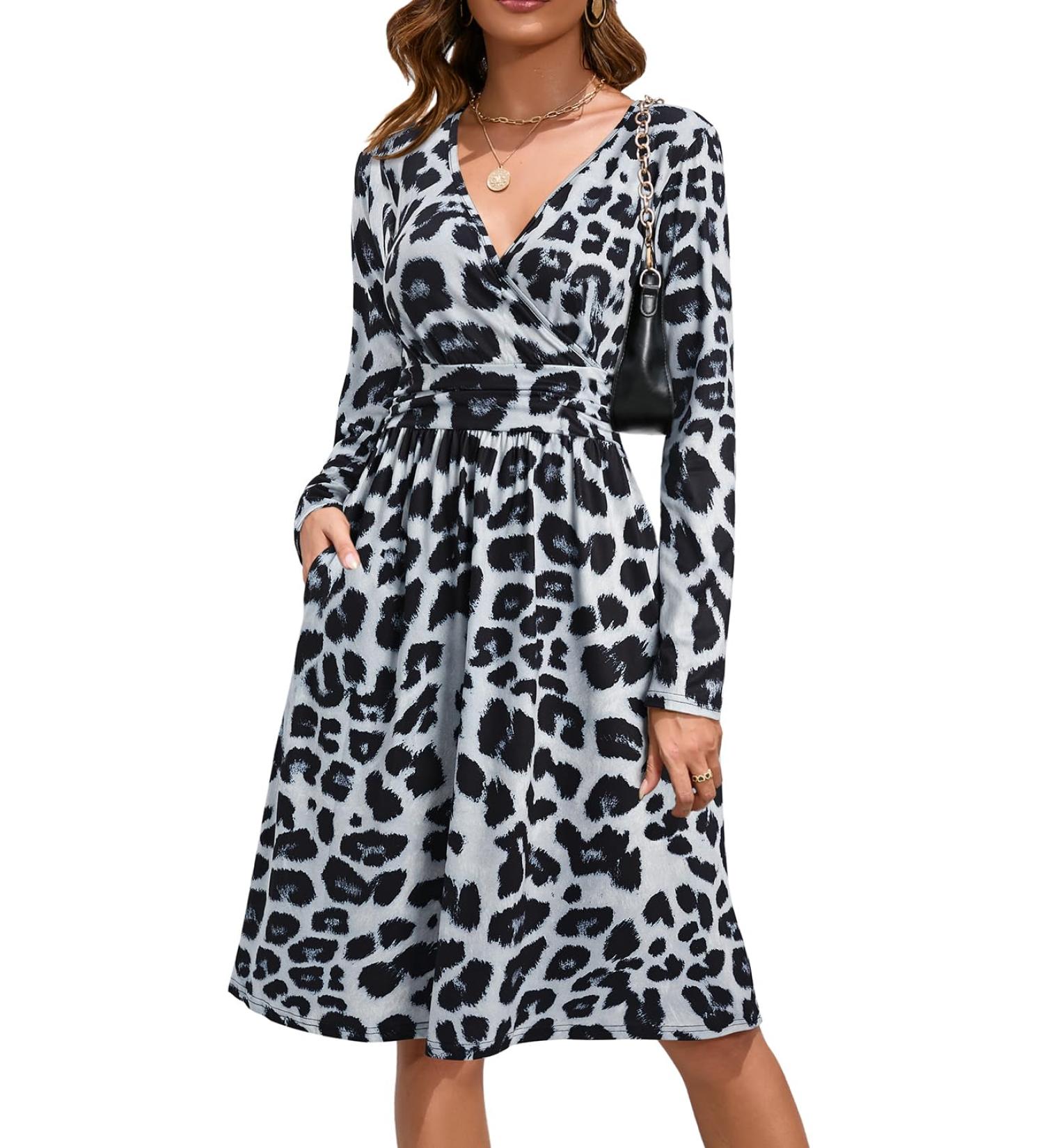OUGES Women's Spring Casual Midi Dress with Long Sleeve V-Neck and Floral Print - S Leopard02 - Buy Online on GoSupps.com