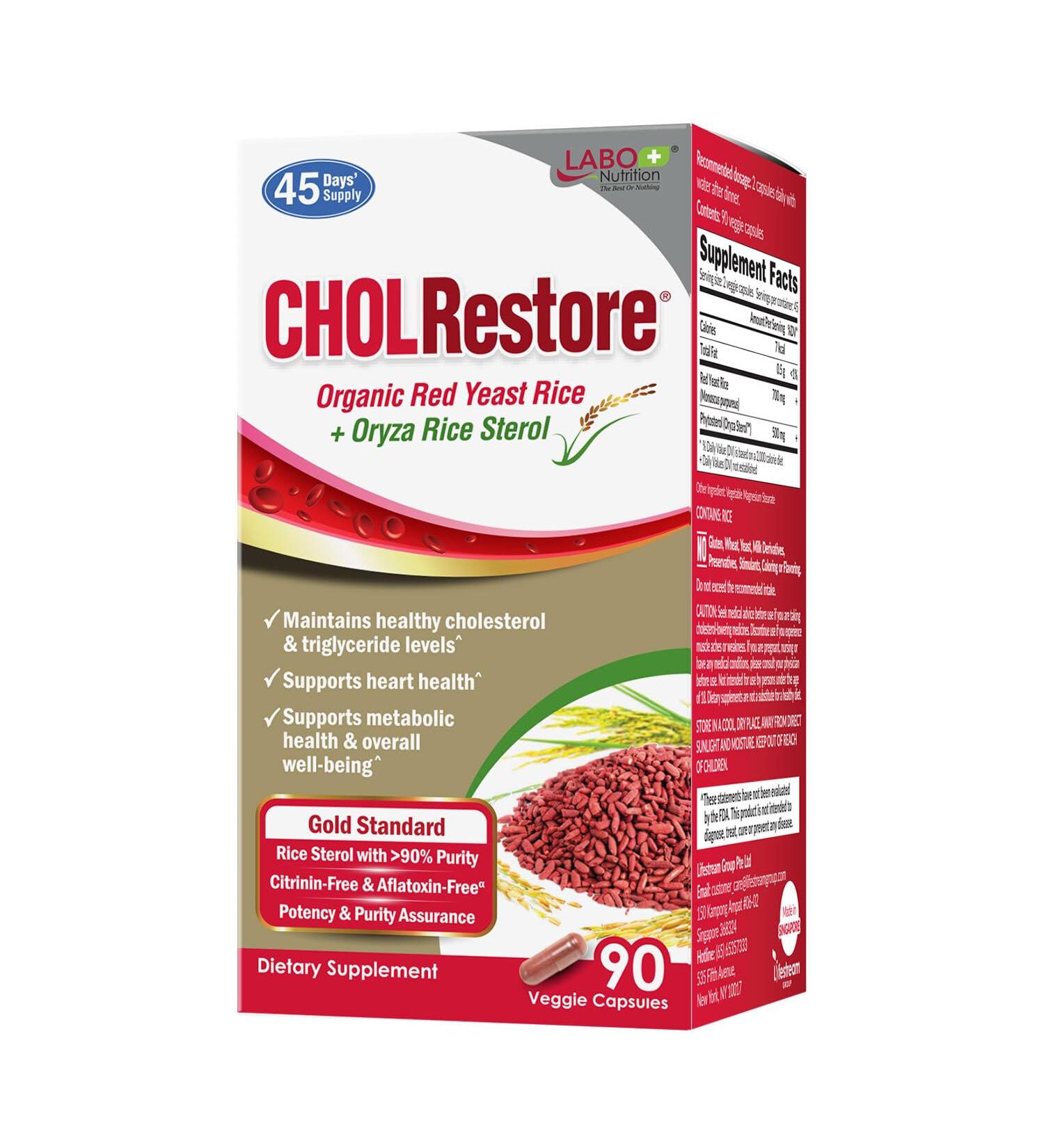 LABO Nutrition CHOLRestore Red Yeast Rice with Phytosterol Health Supplement Supports Healthy Cholesterol Levels Citrinin Aflatoxin & Soy Free 90 Vegetarian Capsules 1 - Buy Online on GoSupps.com