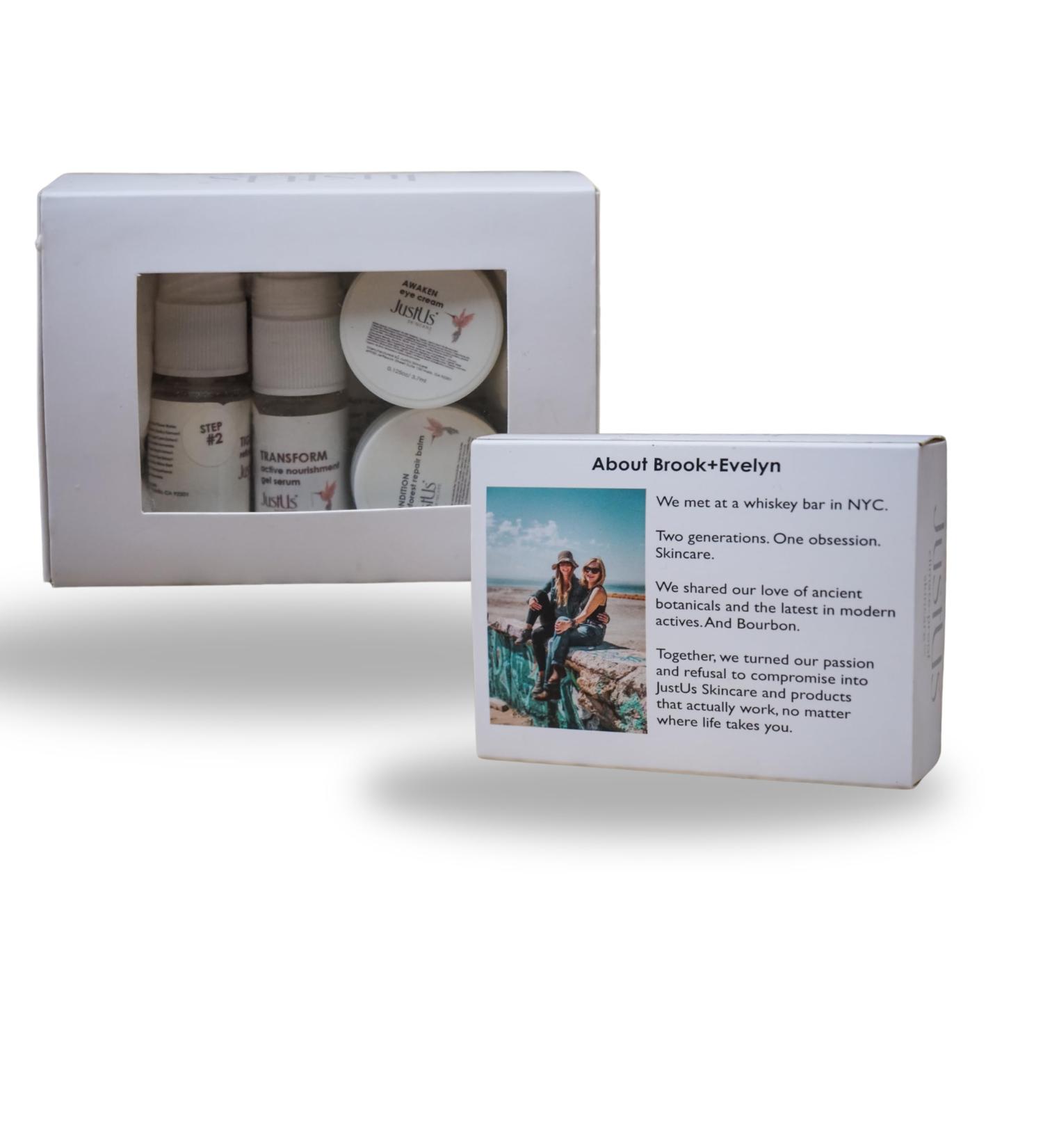 JustUs Skincare 5pc Mini Set - Anti-Aging Condition Repair Balm Day & Night Cream Tighten+Glow Mist Oil Cleanser & Transform Serum with Rainforest Oils - Buy Online on GoSupps.com