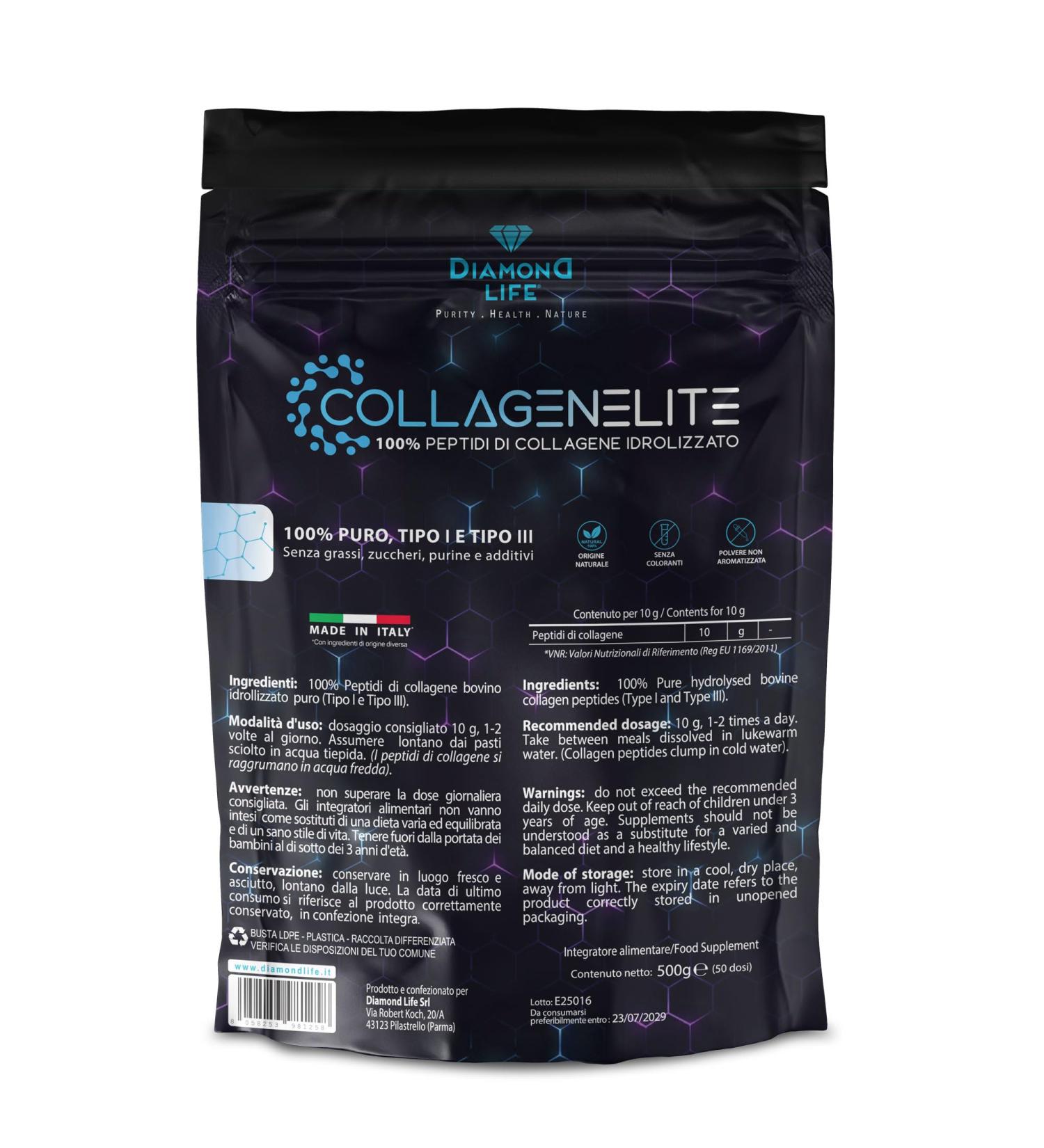 Diamond Life CollagenElite Peptides de collag ne hydrolys pur | Type I & III | Compl ment naturel pour peau cheveux ongles os et articulations | 500g poudre | Sans sucre et additifs