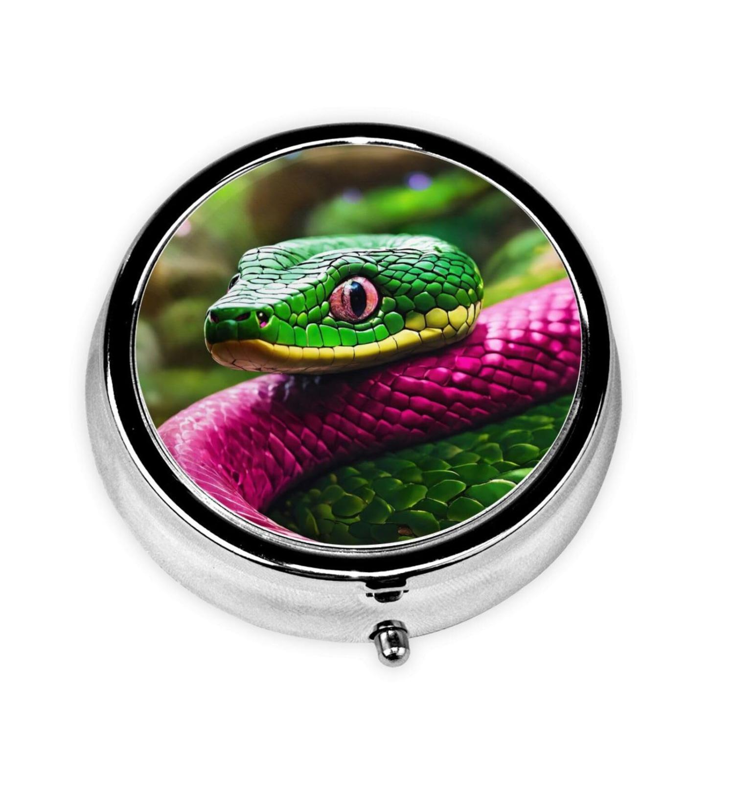 Green Snake Print Mini Pill Box - Portable 3 Compartment Medicine Storage | International Shipping Available - Buy Online on GoSupps.com
