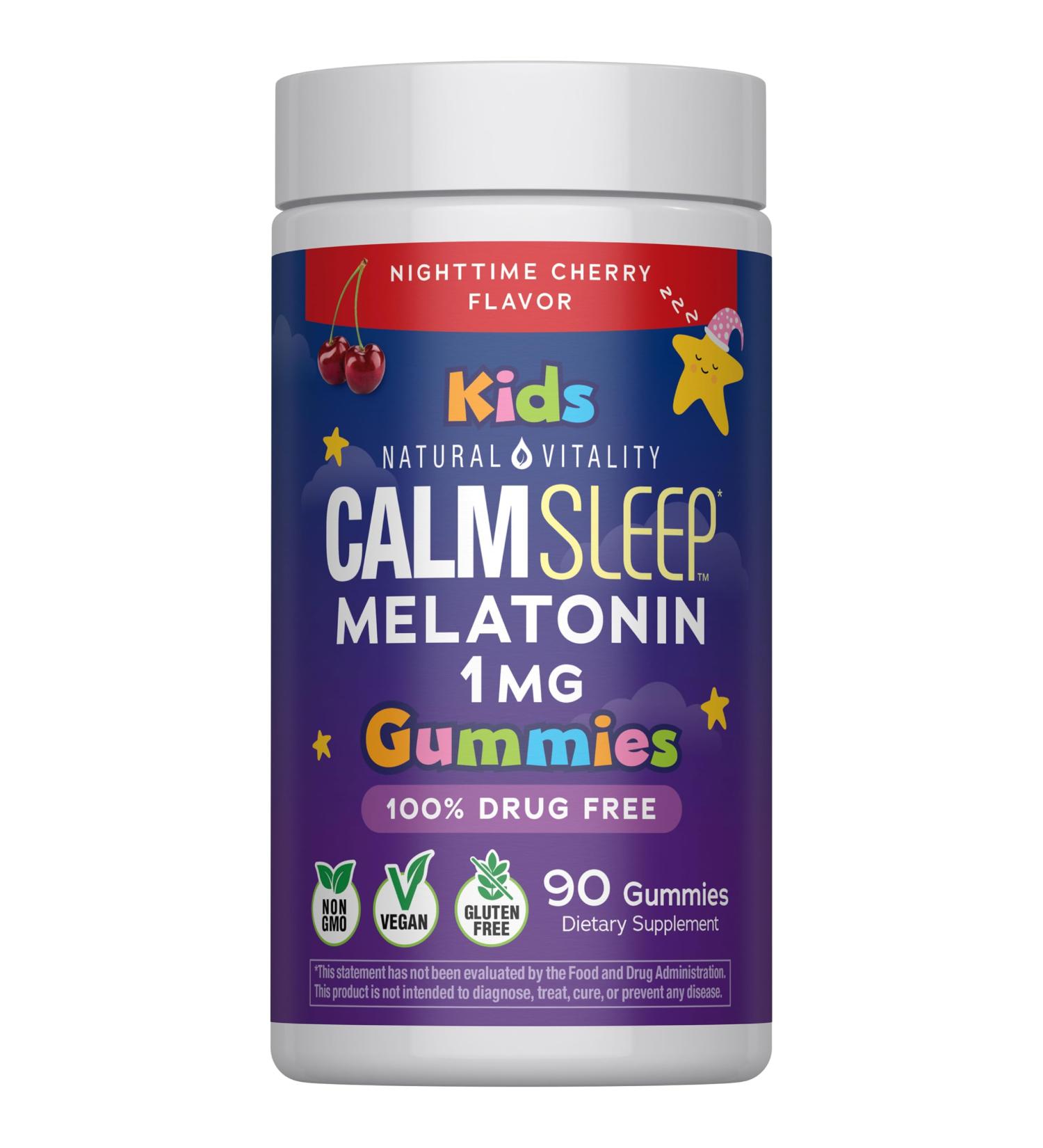 Natural Vitality Kids Calm Sleep Melatonin 1mg Gummies | Nighttime Cherry Flavor | 100% Drug Free | Non-GMO Vegan & Gluten Free Supplement | 90 Count - Buy Online on GoSupps.com