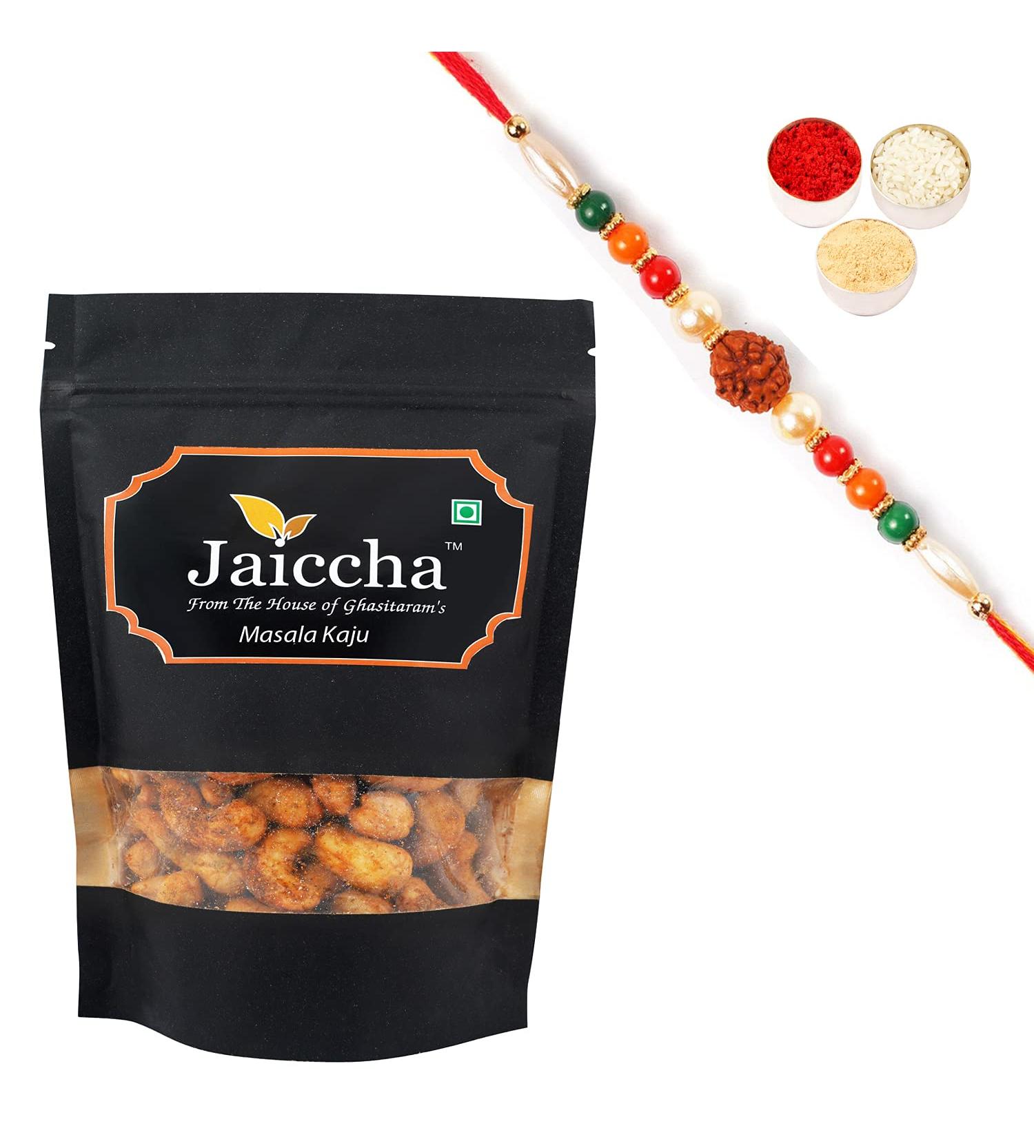 Jaiccha Ghasitaram Rakhi Gifts for Brothers Rakhi Dryfruits - Special Masala Kaju 200 GMS in Black Paper Pouch with Rudraksh Rakhi - Buy Online on GoSupps.com