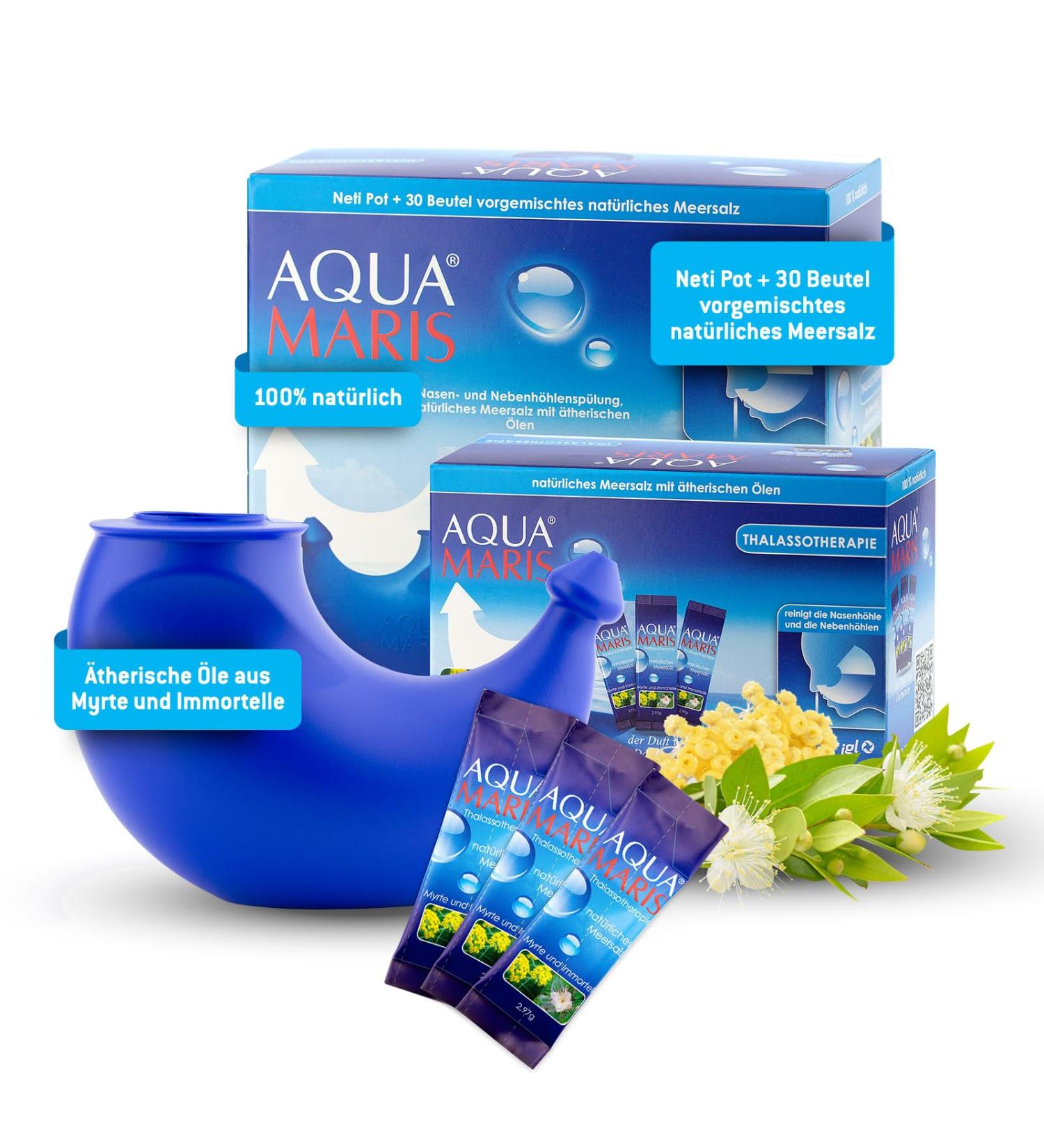 Aqua Maris Thalassotherapy Nasal Rinsing | Natural Sea Salt & Essential Oils | Neti Pot + 30 Salt Bags - Sinus Flushing Solution - Buy Online on GoSupps.com