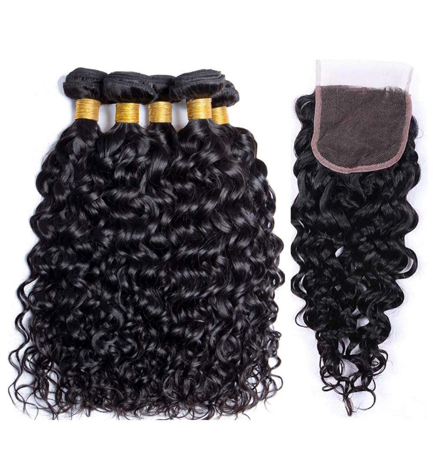 10A Brazilian Water Wave Human Hair Bundles with Closure - Natural Black Virgin Hair Extensions for Black Women (10 12 14 + 10 Closure) | Free Part Lace Closure Included - Buy Online on GoSupps.com