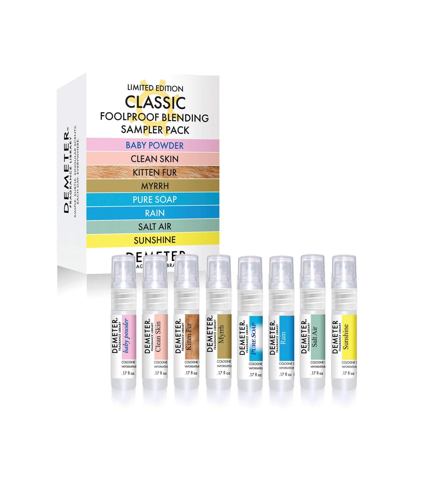 DEMETER Fragrance Library Classic Foolproof Blending Cologne Set Set of 8 - Baby Powder Pure Soap Sunshine Clean Skin Salt Air Rain Myrrh and Kitten Fur Perfumes for Women and Men