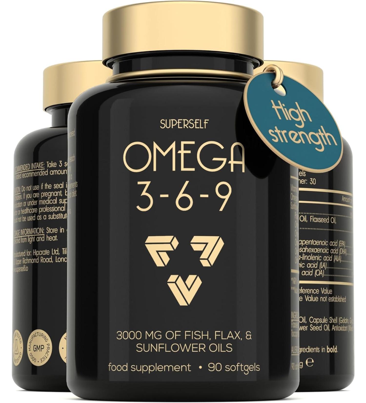 Omega 3 6 9 Capsules - High Strength 3000mg Triple Potency - Premium Fish Oil Flaxseed & Sunflower Oil - 90 Easy to Swallow Softgel Tablets - EPA DHA ALA Omega 369 Fatty Acids Nutritional Supplements 1 - Buy Online on GoSupps.com