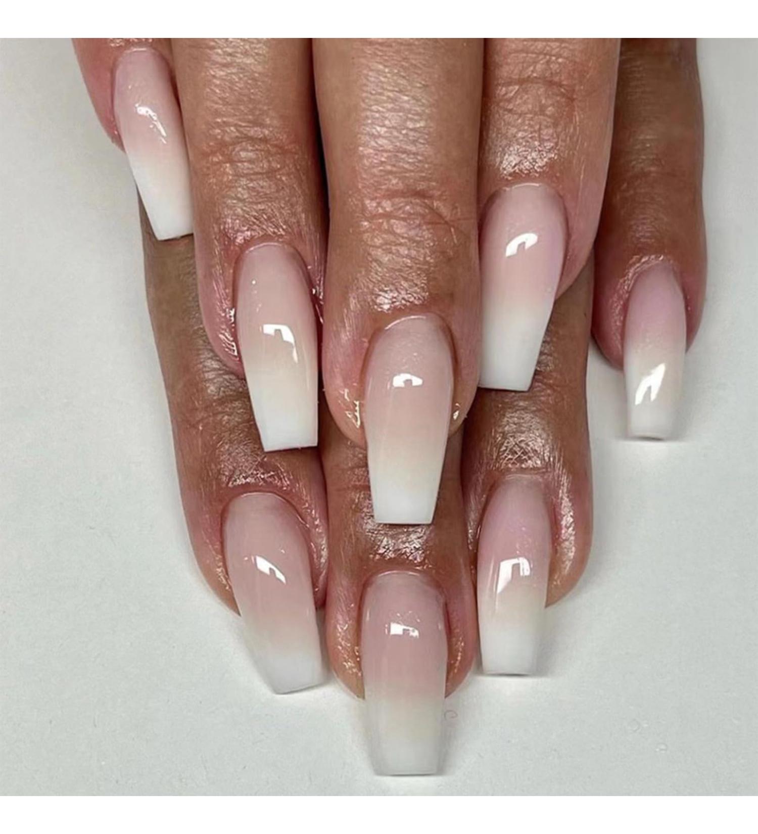 24pcs Pink White Gradient Coffin False Nails - Medium Length Press on Nails for Women & Girls | Full Cover Fake Nails with Removable Glue - Nail Art Accessories - Buy Online on GoSupps.com