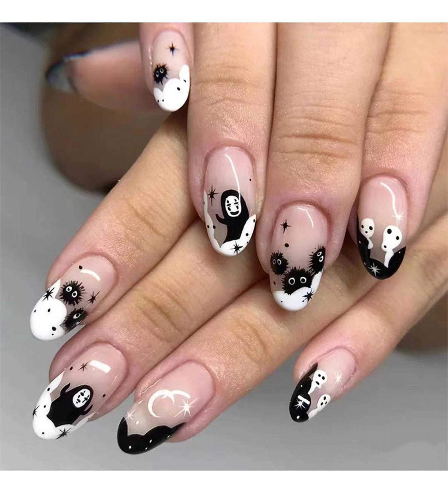 Short Glossy Press on Nails - Halloween Ghost & Virus Designs - 24Pcs Almond Full Cover Fake Nails for Women & Girls - Buy Online on GoSupps.com