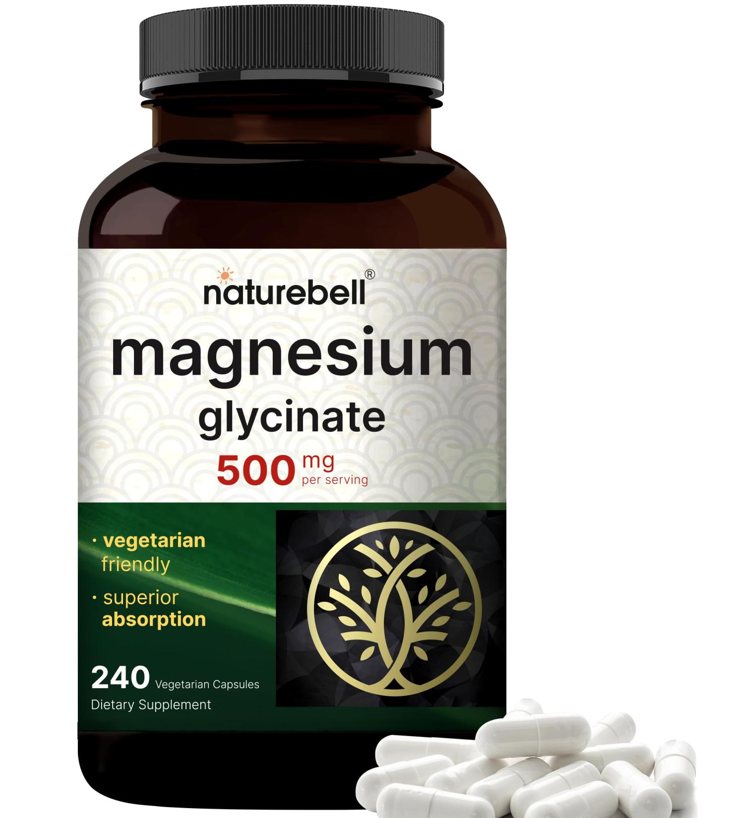 NatureBell Magnesium Glycinate 500mg 240 Veggie Capsules | 100% Chelated & Purified | Sleep Muscle & Nerve Support | Non-GMO Gluten-Free - Buy Online on GoSupps.com