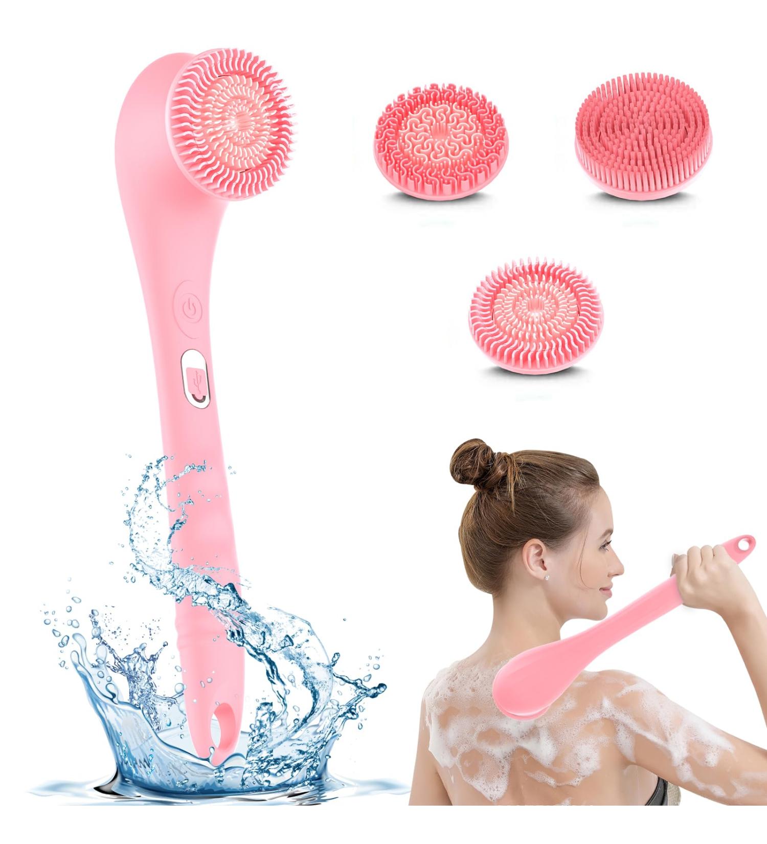 SUUWEE Electric Silicone Body Brush Set with 3 Heads | USB Rechargeable Shower Scrubber for Deep Cleaning | Long Handle for Women Men | Pink - Buy Online on GoSupps.com
