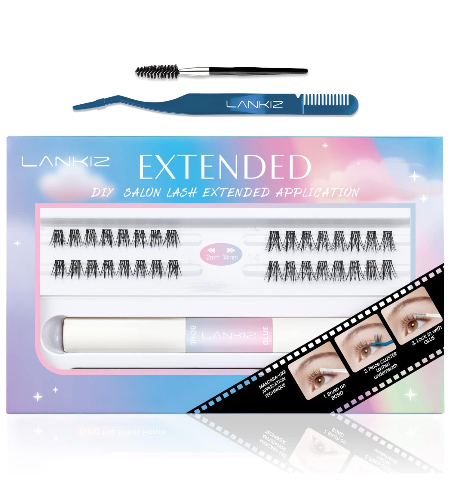 LANKIZ DIY Eyelash Extension Kit - 32pcs Wide-stem Cluster Lashes | Super Hold Mascara Brush | Bond and Seal Eyelash Glue | Applicator | Faux Mink Individual Lashes - Starter Kit - Buy Online on GoSupps.com