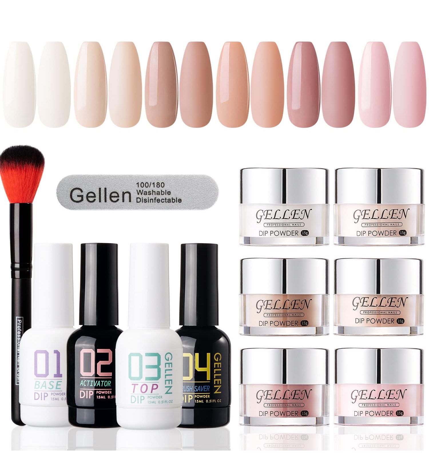 Gellen Dip Powder Nail Kit Starter Set - 6 Nude Skin Tone Colors, Acrylic Dipping System with Base, Top Coat, Activator, and 12 Pcs for French Manicure DIY Salon - Buy Online on GoSupps.com