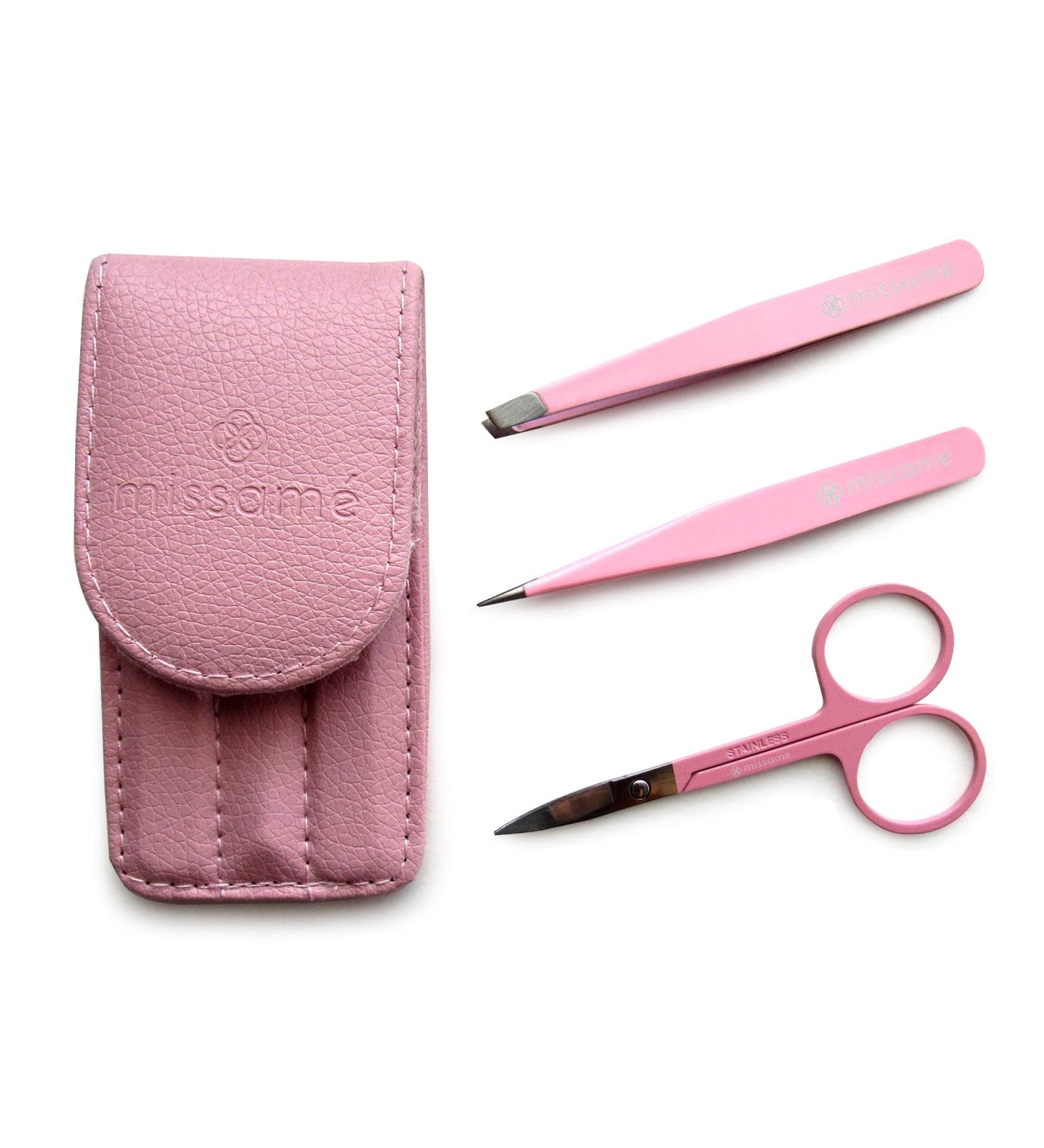 Stainless Steel Eyebrow Tweezers Set with Pointed and Slanted Tips + Curved Brow Scissors Pink Travel Case Included - Buy Online on GoSupps.com