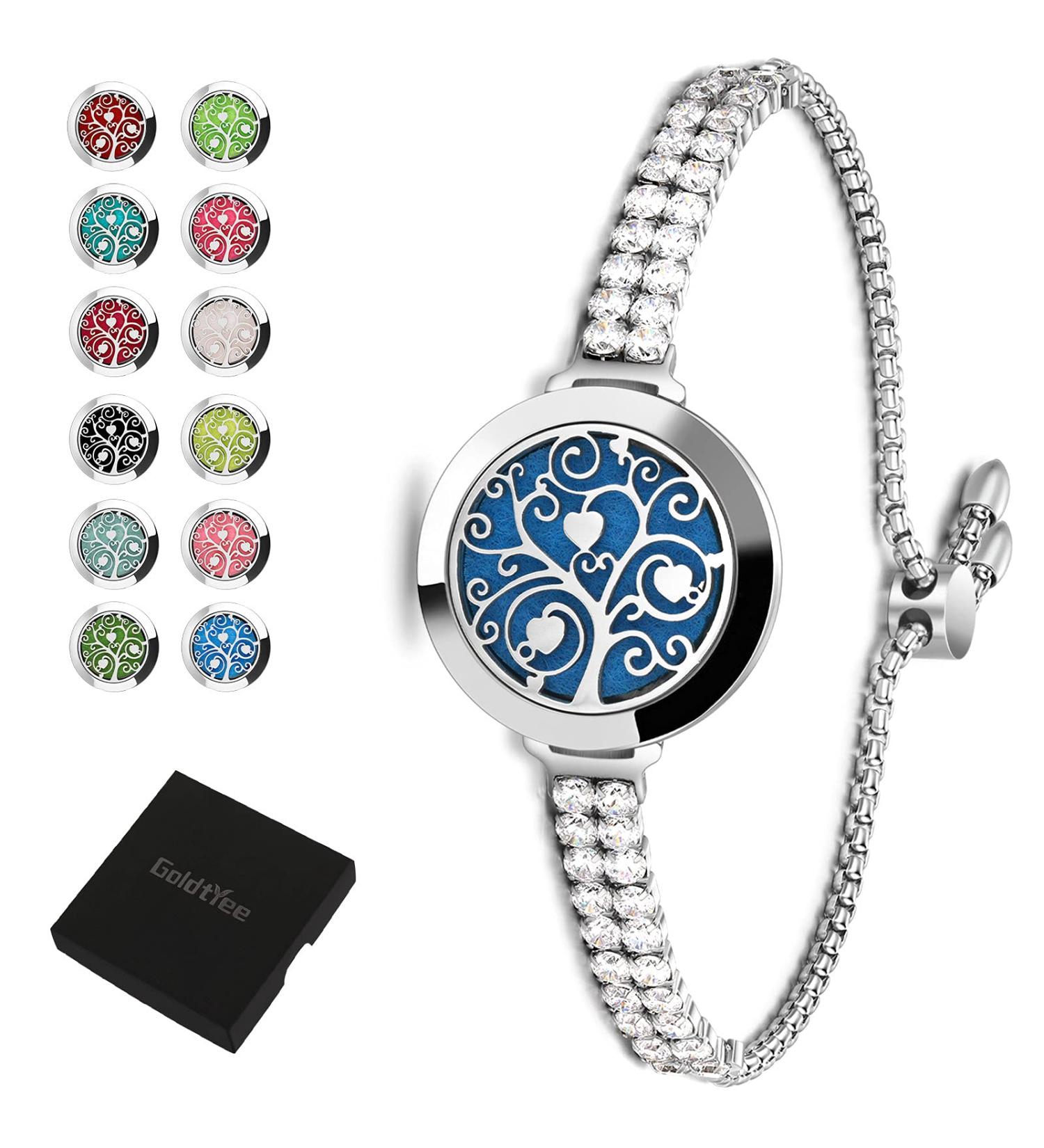 Essential Oil Diffuser Bracelet Set for Women - Aromatherapy Jewelry with 12 Refill Pads - Gift for Mom, Daughter, Girlfriend - Adjustable - Silver - Buy Online on GoSupps.com