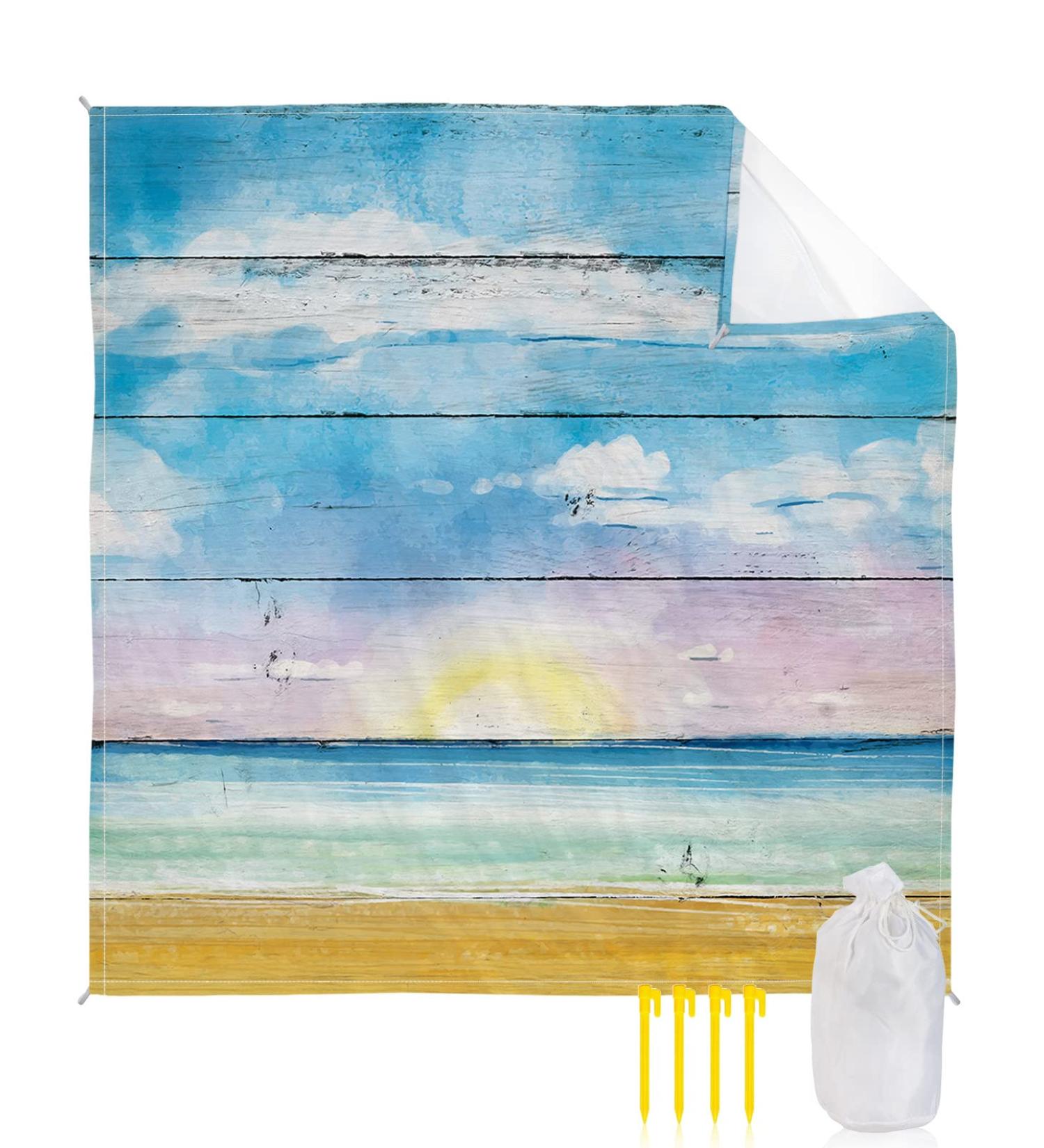 Watercolor Vintage Wooden Planks Beach Blanket 95x80in - Waterproof Sandproof Picnic Blanket for Camping & Travel - Lightweight & Extra Large Beach Mat with Stakes - Blue Sky Ocean Design - Buy Online on GoSupps.com