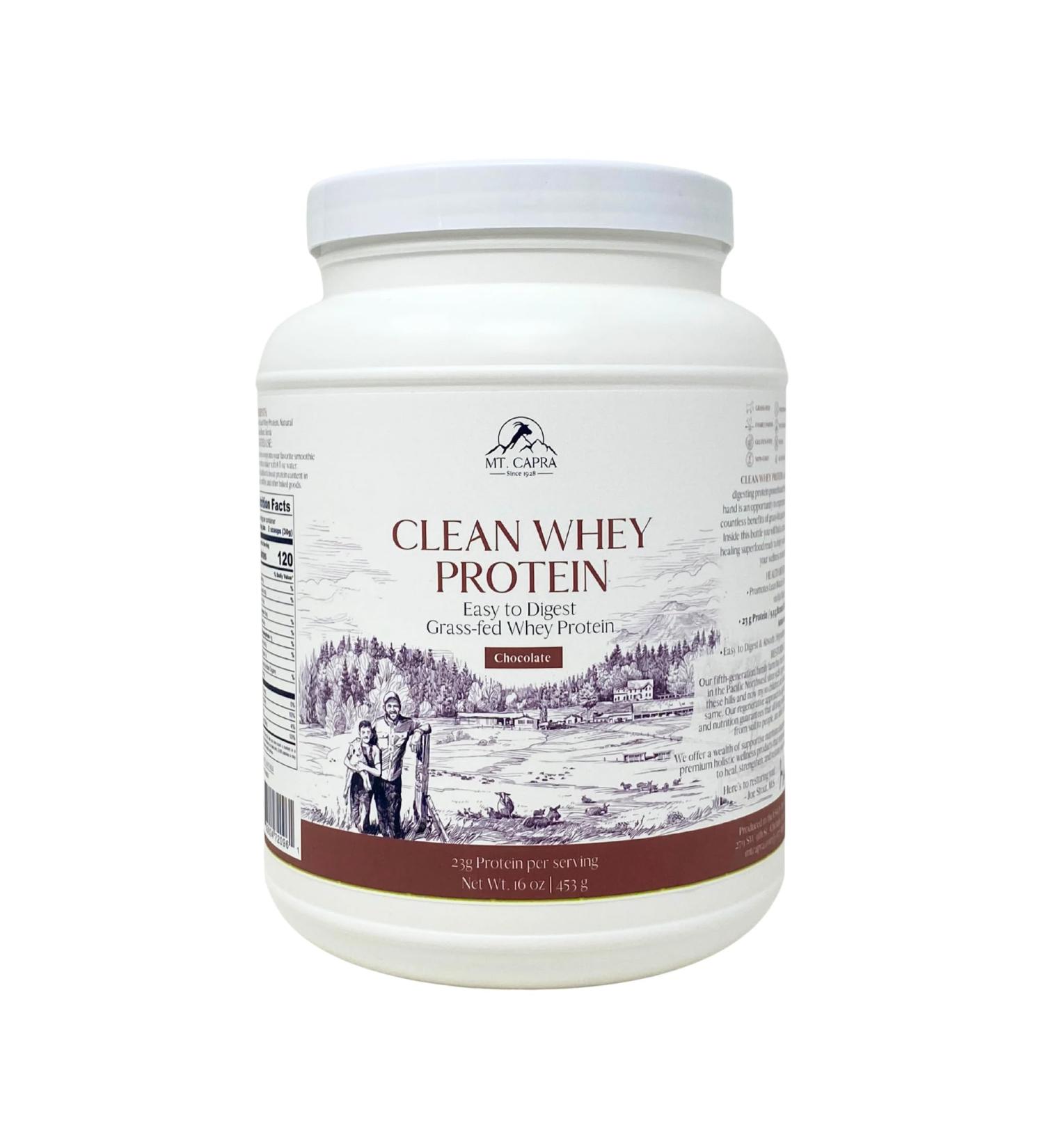 Mt. Capra Clean Whey Protein | Grass-Fed Undenatured Goat Whey Protein Powder | 23 g Protein Per Serving, All Natural, High in Branch Chain Amino Acids | Chocolate 1 lb (15 Servings) - Buy Online on GoSupps.com